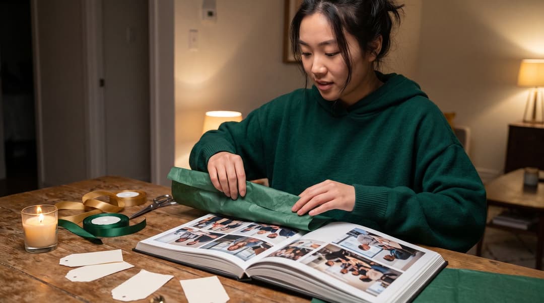 A young woman wraps a personalized photo book filled with team memories on a cozy kitchen table filled with ribbons and gift-wrapping supplies.