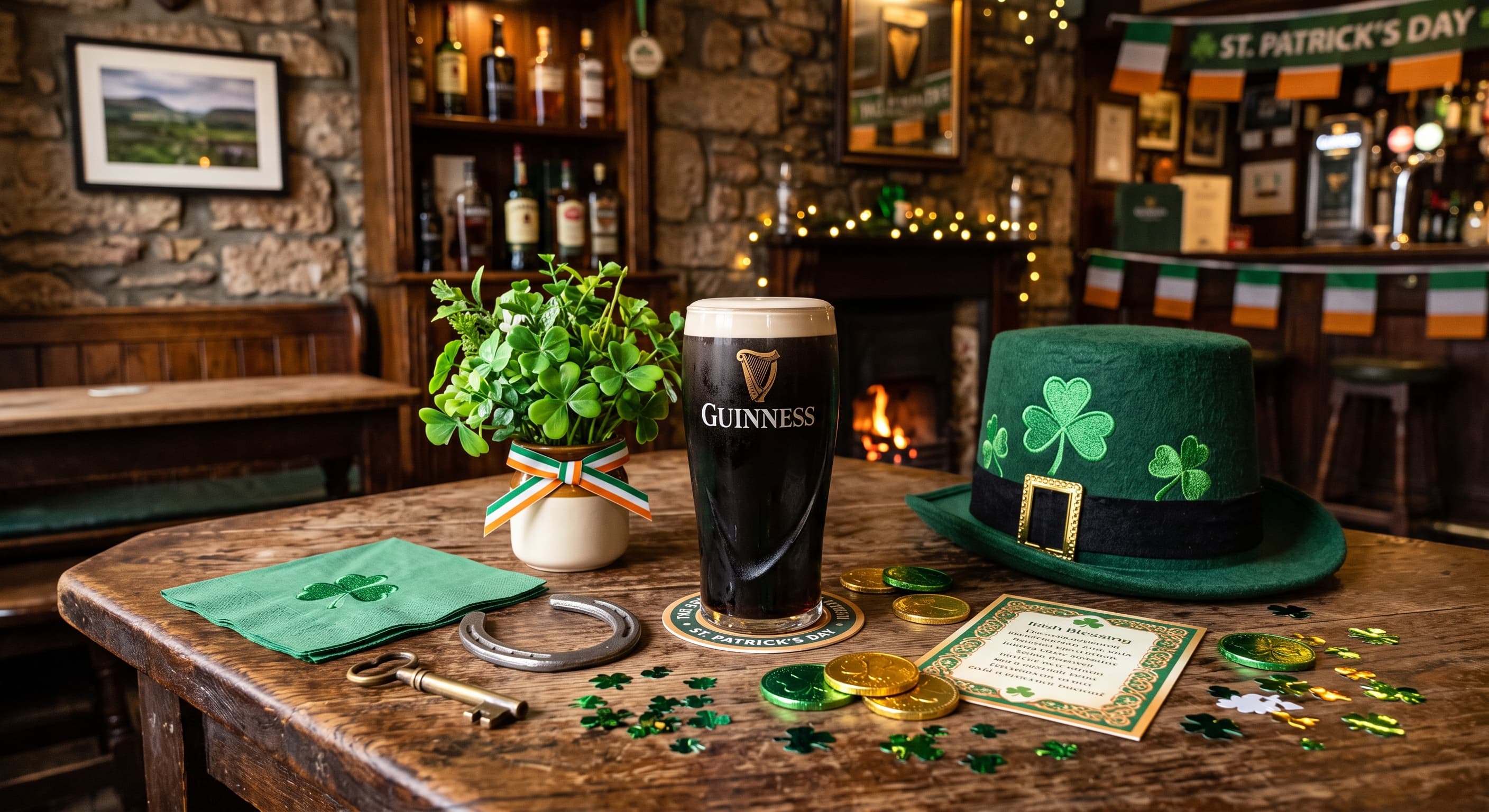 St Patrick's Day table in a stone-walled Irish pub with a pint of stout, green top hat, horseshoe, gold coins and shamrock confetti