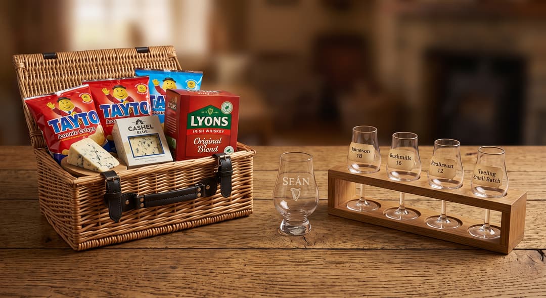 Wicker hamper of Irish crisps, blue cheese and tea beside a personalized whiskey glass and a wooden four-glass tasting flight