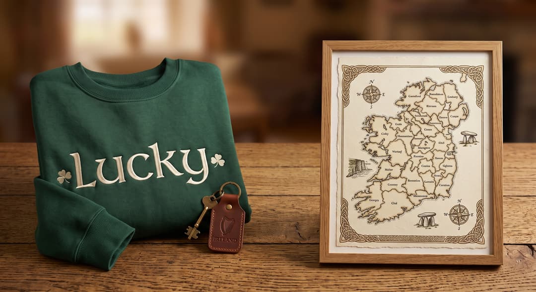 Green sweatshirt embroidered with the word Lucky and shamrocks, next to an Ireland leather keyring and a framed vintage-style map of Ireland