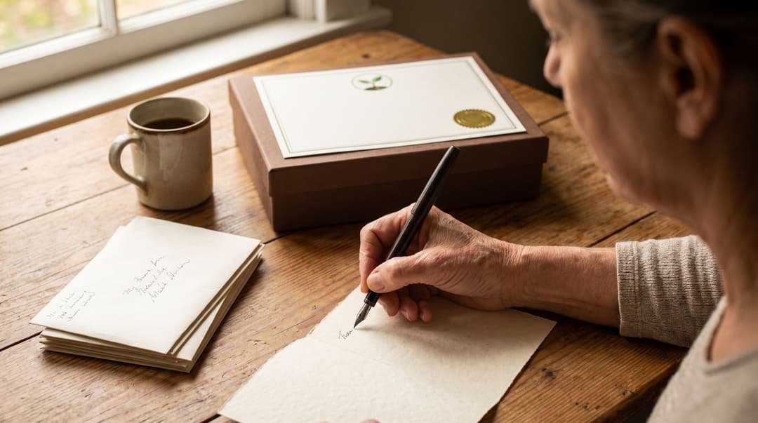 A woman at a kitchen table writing a thank-you card with a fountain pen, a stack of addressed envelopes beside her and a certificate with a sprout mark and gold seal resting on a box.