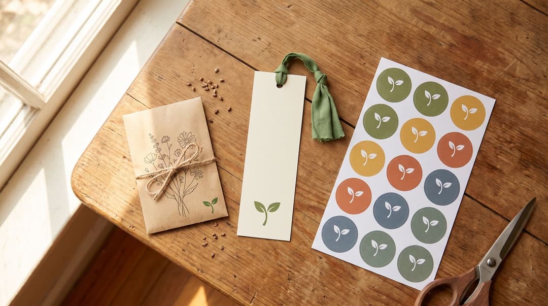 A kraft seed packet with a wildflower drawing, a cream bookmark with a green ribbon and a sheet of round sprout stickers in four colours laid out on a wooden table by a window.