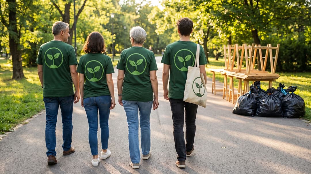Four volunteers walking away down a park path in matching green t-shirts with a large sprout mark on the back, one carrying a canvas tote with the same mark, folded trestle tables and tied bin bags beside the path.