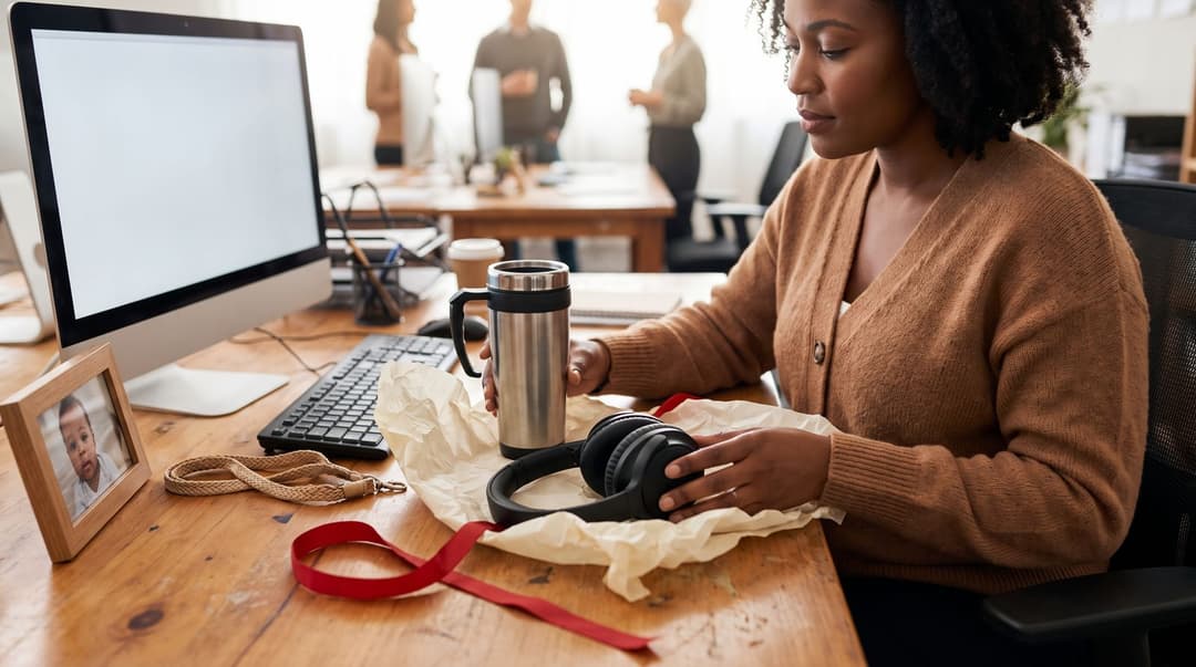 A woman sits at her office desk looking touched as she opens a gift of noise-canceling headphones and an insulated travel mug on her first days back from maternity leave.