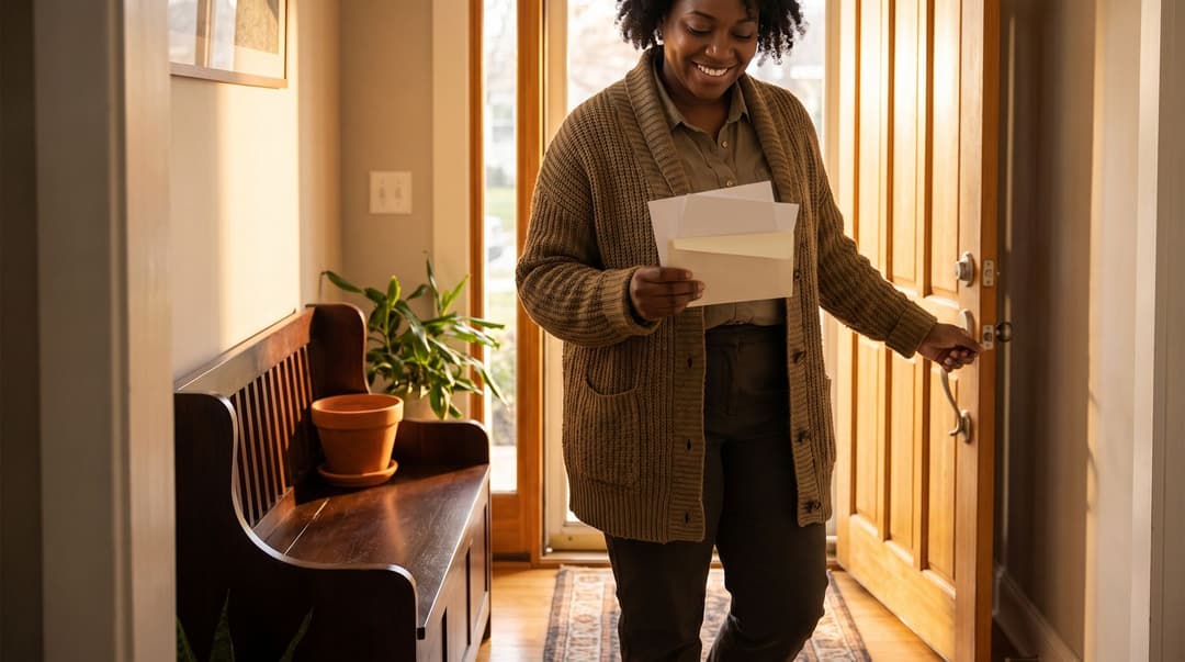 A woman in a soft cardigan arriving home through an entryway, holding an envelope containing service-based gift vouchers for household support.