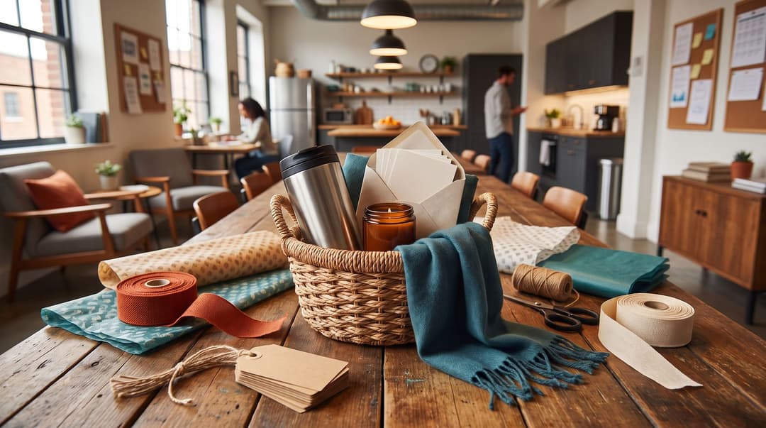 A warm, inviting office break-room table features a curated gift basket filled with a travel mug, a candle, and gift cards, surrounded by wrapping materials like ribbon and tissue paper.