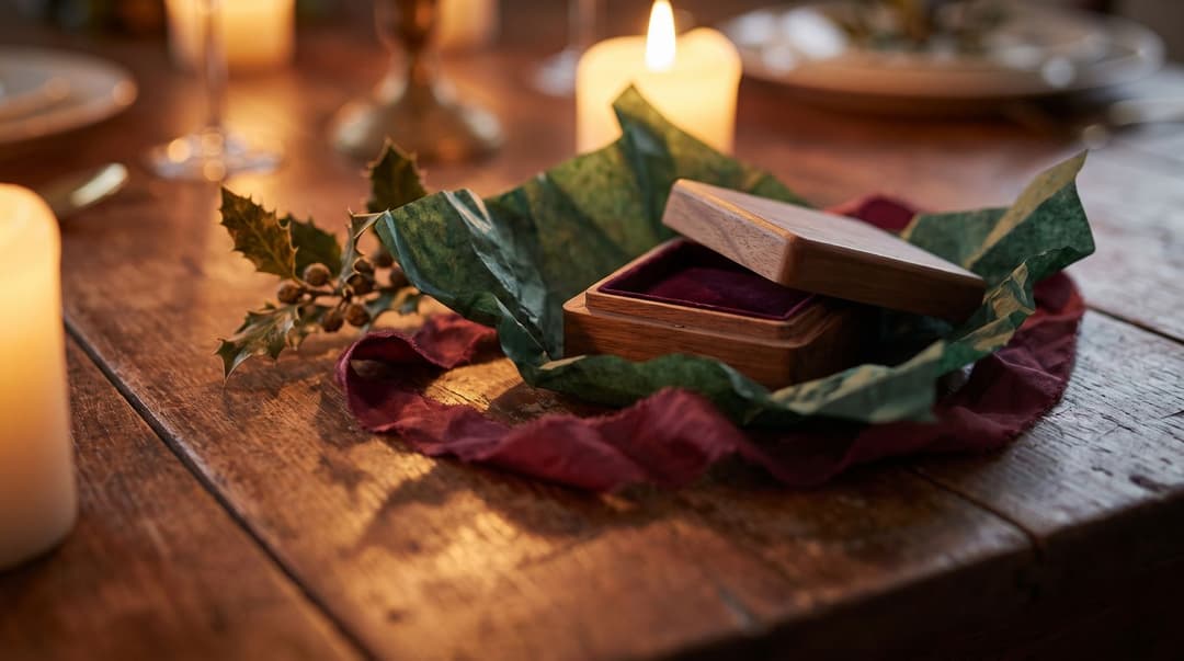 A close-up view of a personalized jewelry gift box resting on a wooden table among crinkled tissue paper and silk ribbon, illuminated by the warm glow of nearby candles.