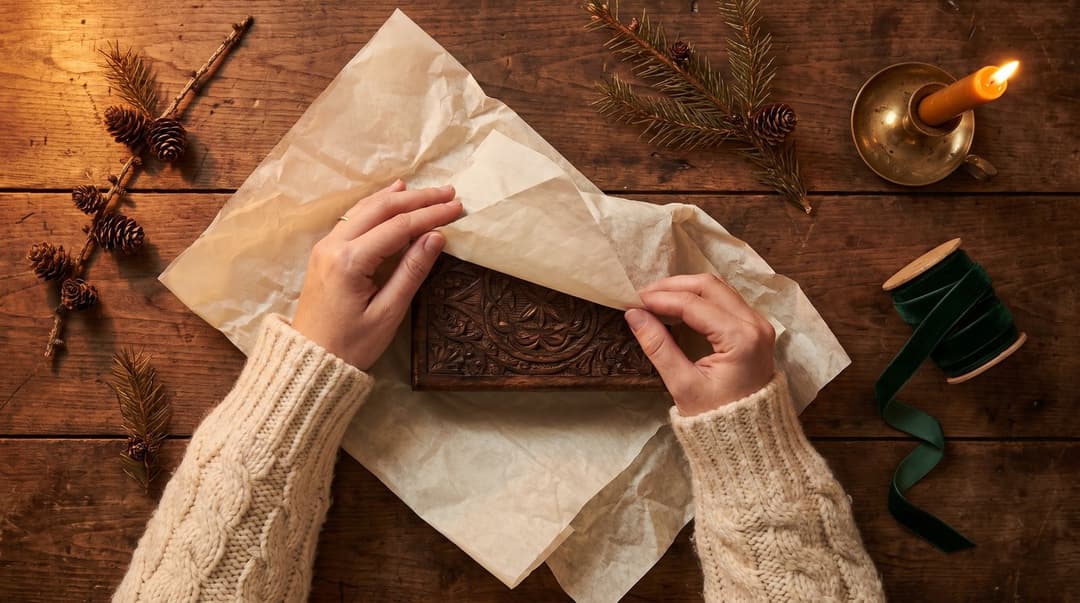 A woman in a cozy knit sweater unwraps a handcrafted wooden gift box on a rustic surface surrounded by festive ribbons and pine.