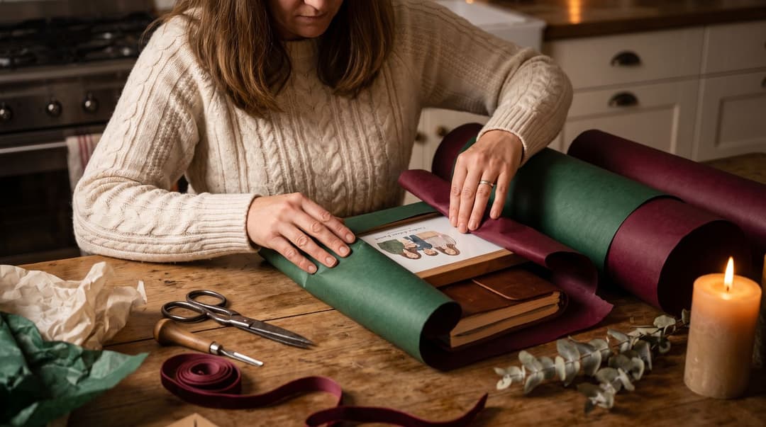 A woman in a cozy knit sweater wraps a personalized family portrait and a leather-bound journal on a kitchen table scattered with ribbons, scissors, and gift-wrapping supplies under warm, festive lighting.