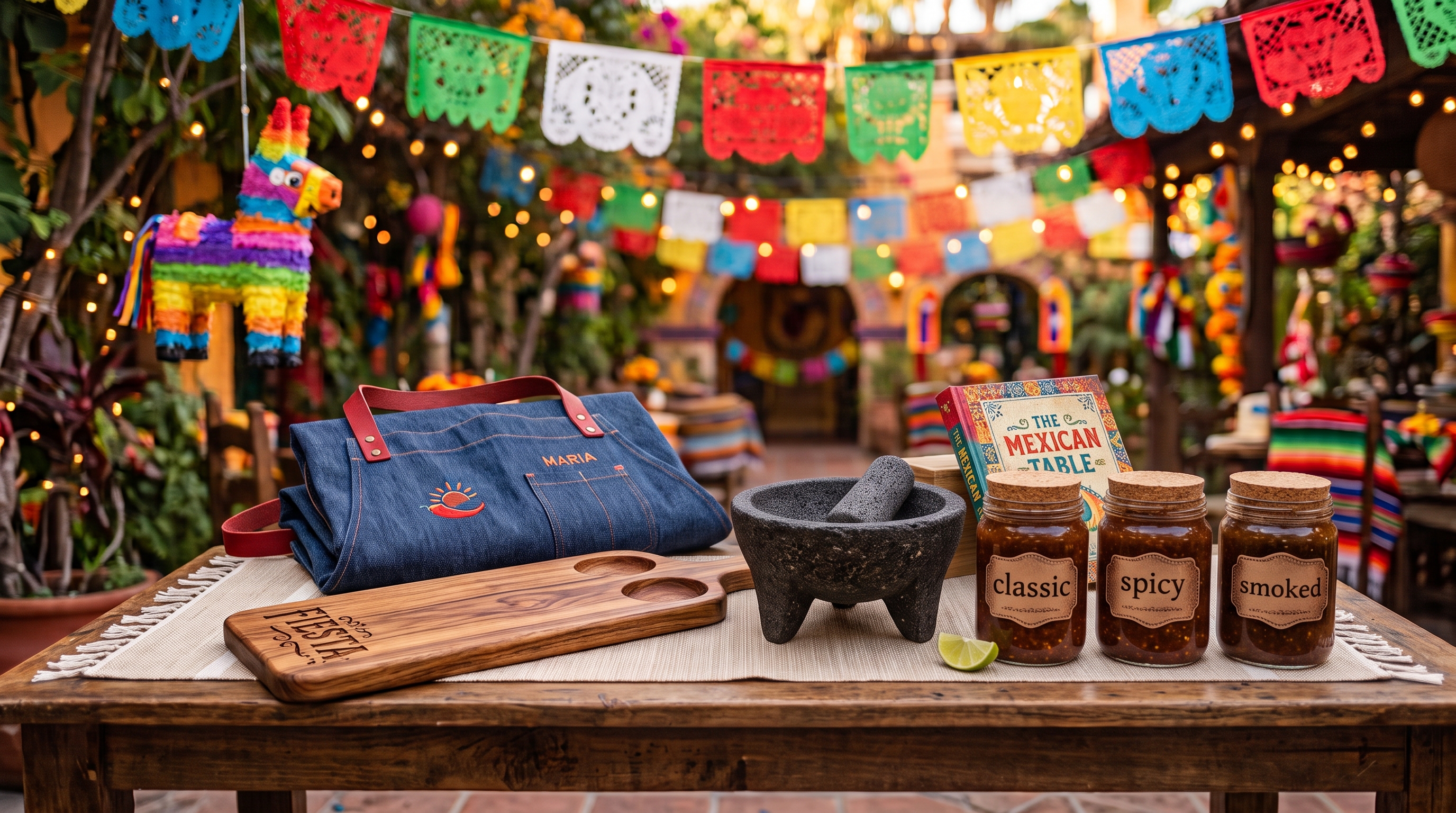 Denim apron embroidered with the name Maria next to a stone molcajete, engraved serving board, Mexican cookbook and three jars of salsa