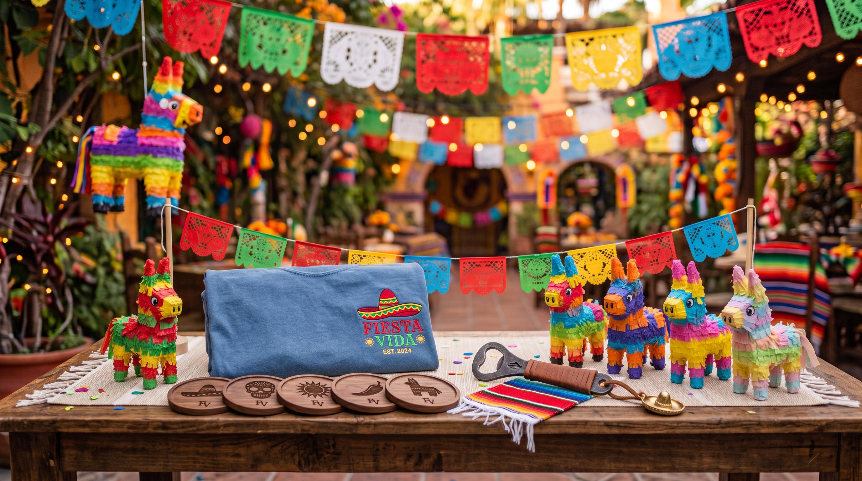 Blue embroidered Fiesta Vida sweatshirt with engraved wooden coasters and a serape-strap bottle opener on a fiesta table