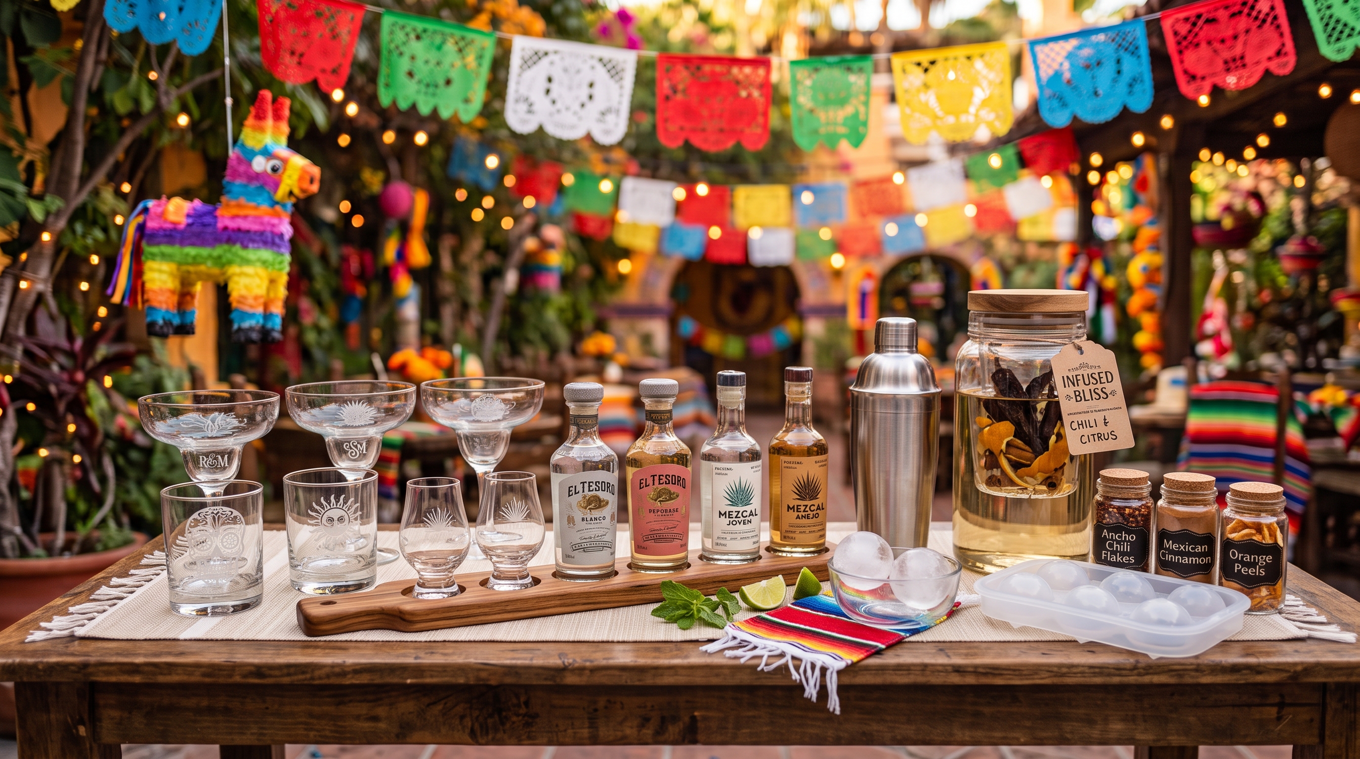 Etched margarita glasses and tumblers beside tequila and mezcal bottles on a wooden flight board, with shaker and chili-citrus infusion jar