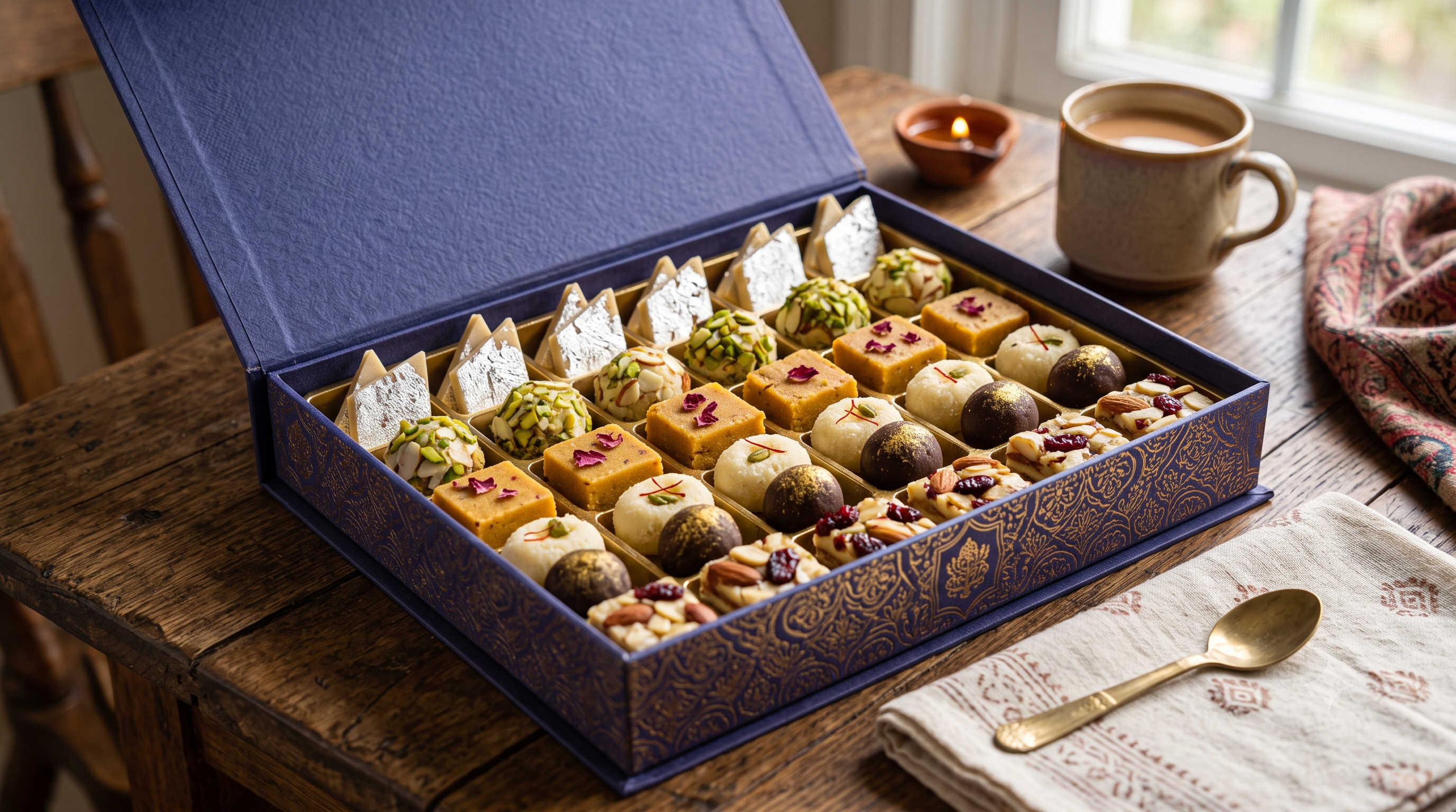 A high-angle photograph shows an open, deep blue gift box with gold patterns on a rustic wooden table, filled with an assortment of square and round Indian mithai (sweets). There are 25 pieces arranged in a grid, including white Kaju Katli squares with silver foil, yellow Motichoor Laddoo rounds with crushed pistachios, and others with different colors and toppings. To the right, on the same table, are a small terracotta oil lamp with a lit flame, a ceramic mug of masala chai, and a paisley-patterned cloth napkin with a golden spoon. The background is a soft-focus wooden chair and a window with natural light.