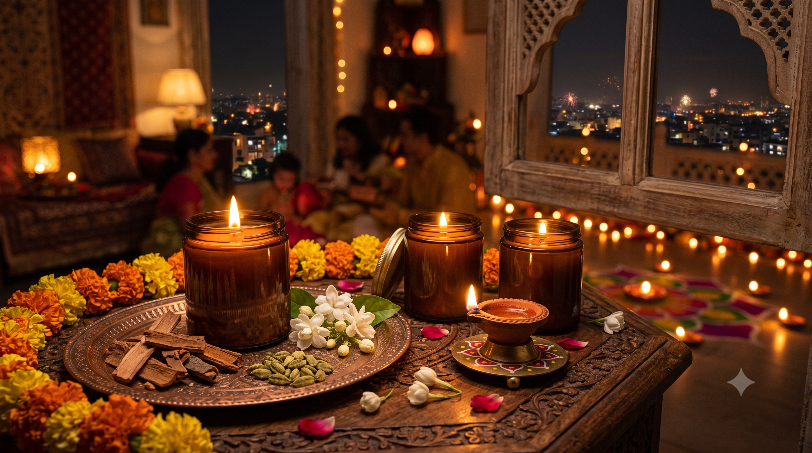Three lit amber glass jar candles on a carved wooden table decorated with marigold garlands, jasmine flowers, sandalwood, and cardamom for Diwali, with a lit clay diya nearby and a family gathered in a warm-lit room overlooking a night skyline with fireworks.