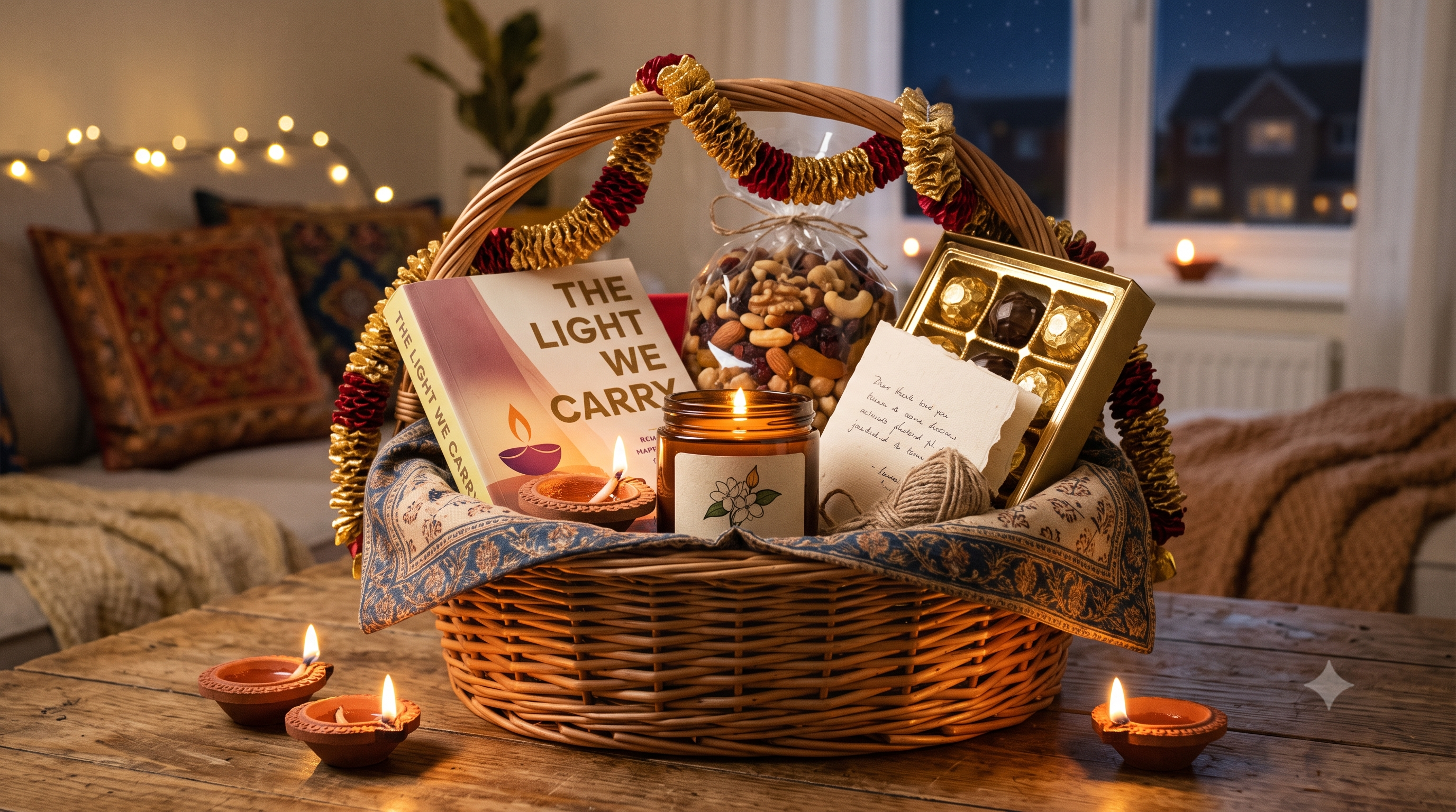 A close-up photograph of a wicker gift basket on a wooden table, decorated for Diwali with garlands and string lights. Inside are a book titled 'The Light We Carry', a bag of mixed nuts and dried fruit, a box of Ferrero Rocher chocolates, a lit candle in a glass jar, and a small handwritten card. Several lit clay diyas are placed on the table around the basket. The background shows a warm living room at night.