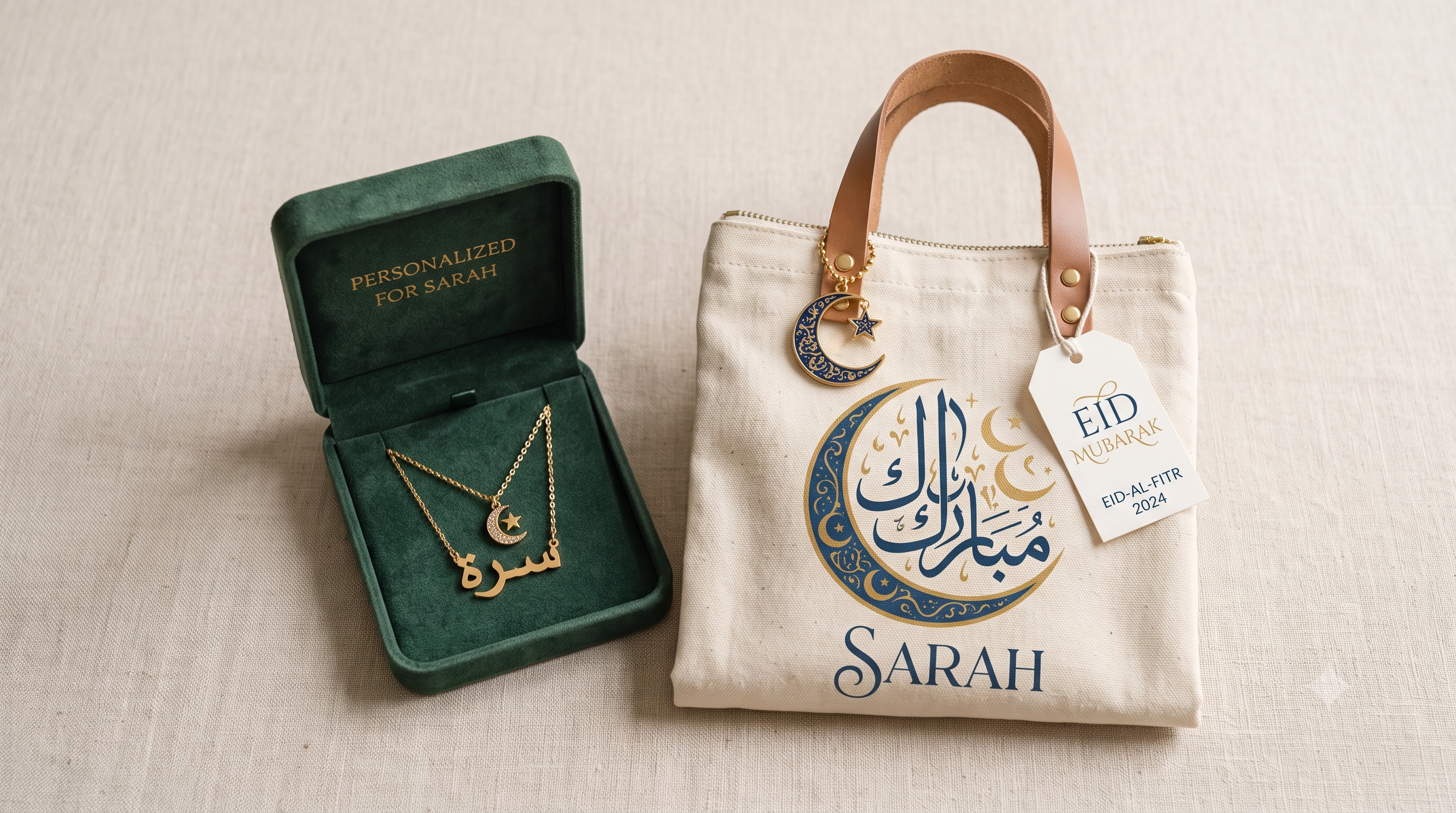 Personalized Arabic name necklace and custom Eid tote bag for her