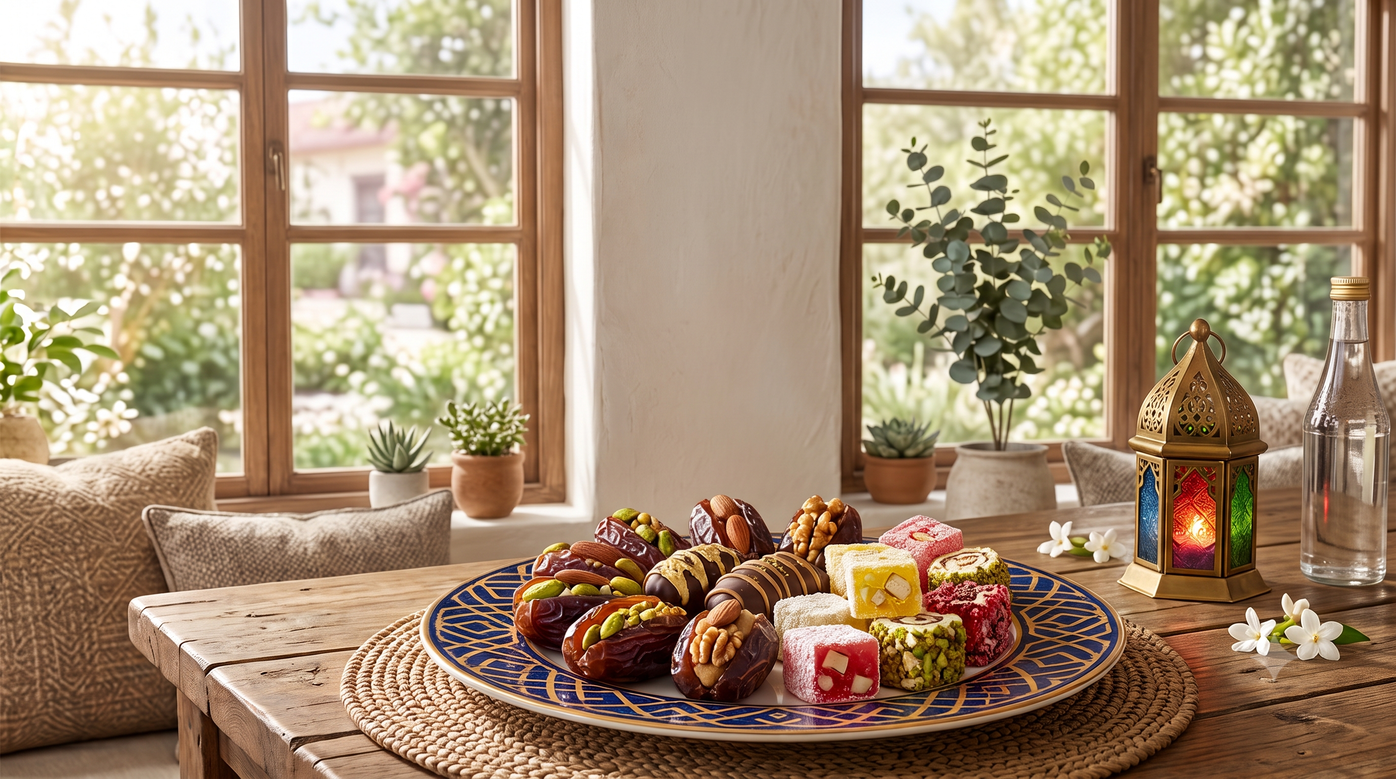 Stuffed dates, chocolate-dipped dates, and Turkish delight on a decorative plate for Eidc