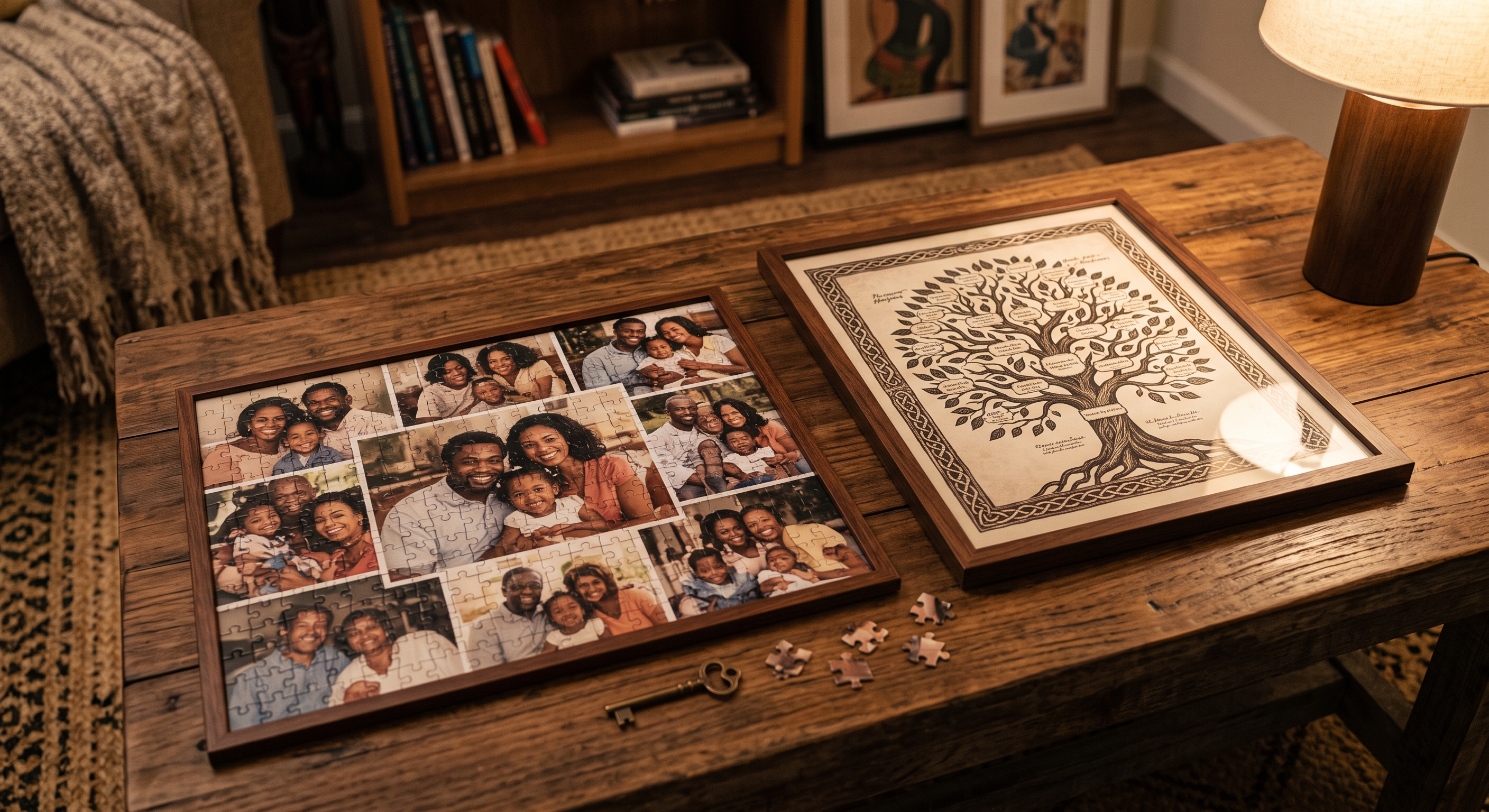 A framed jigsaw puzzle made from a collage of family photos next to a framed illustrated family tree with names on the branches, displayed on a wooden table.