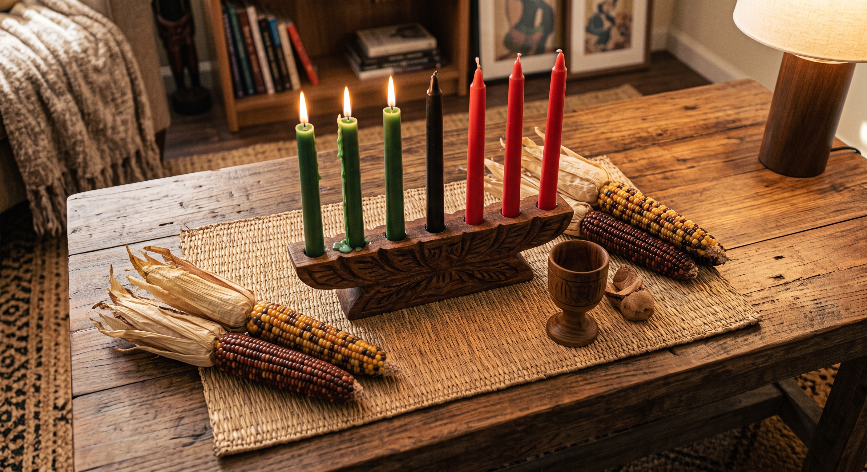 A carved wooden kinara holding three lit green candles, one black candle, and three red candles, on a woven mat surrounded by dried ears of corn and a wooden cup.