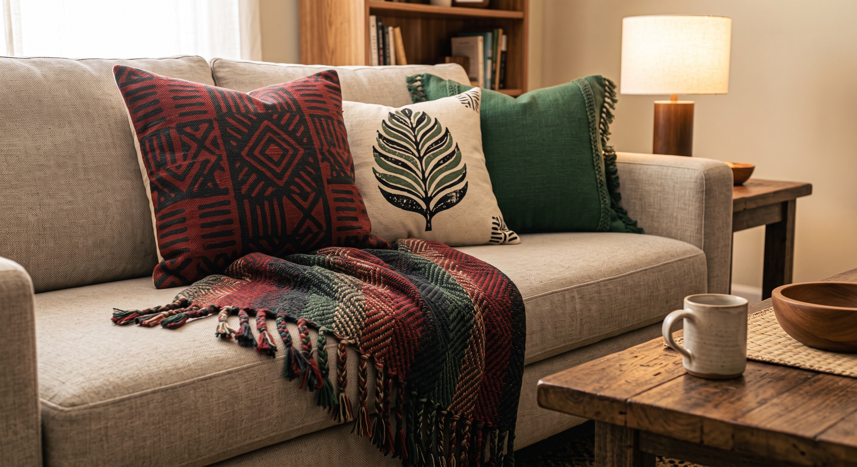 A beige couch styled with red, black, and green patterned throw pillows and a matching fringed blanket, with a mug and wooden bowl on a side table