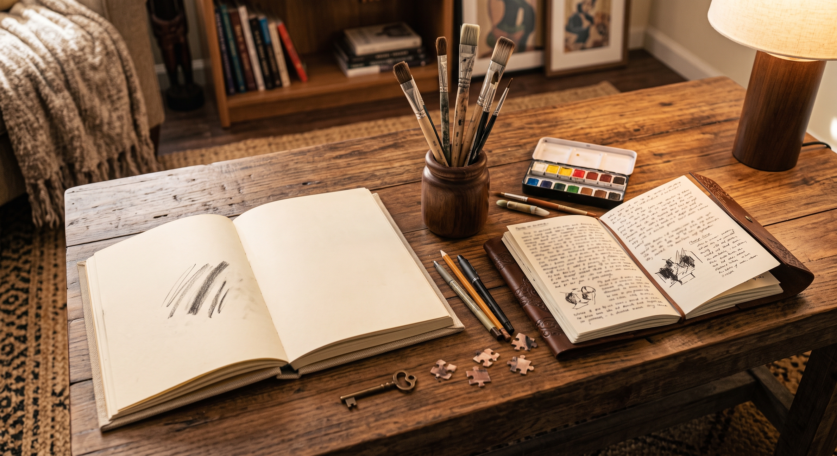 An open sketchbook with charcoal marks, a handwritten journal, a jar of paintbrushes, and a watercolor palette arranged on a wooden table with a small brass key and puzzle pieces nearby.