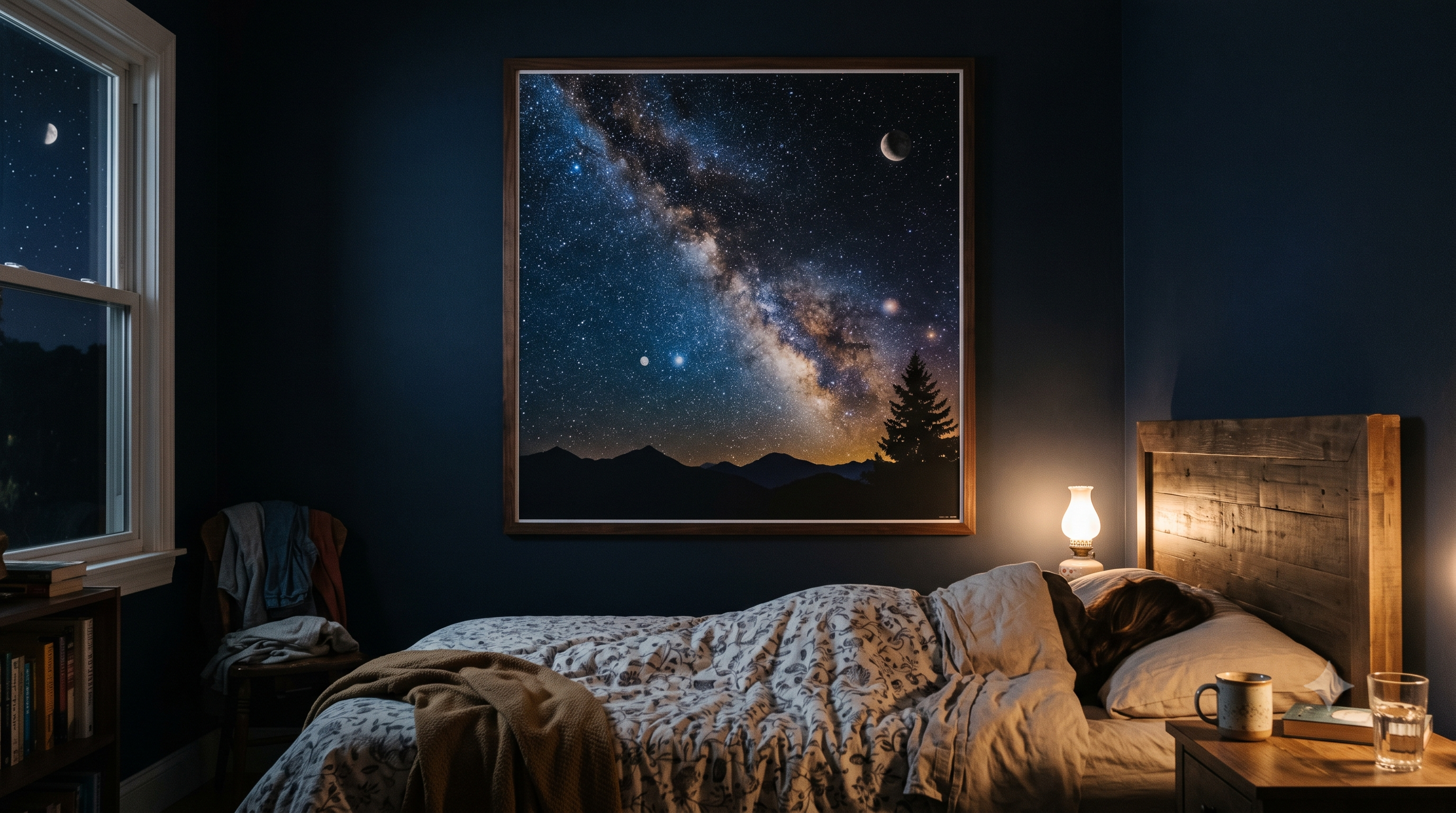 A large framed custom night sky print showing the Milky Way, moon, and mountain silhouette, displayed above a bed in a dark blue bedroom