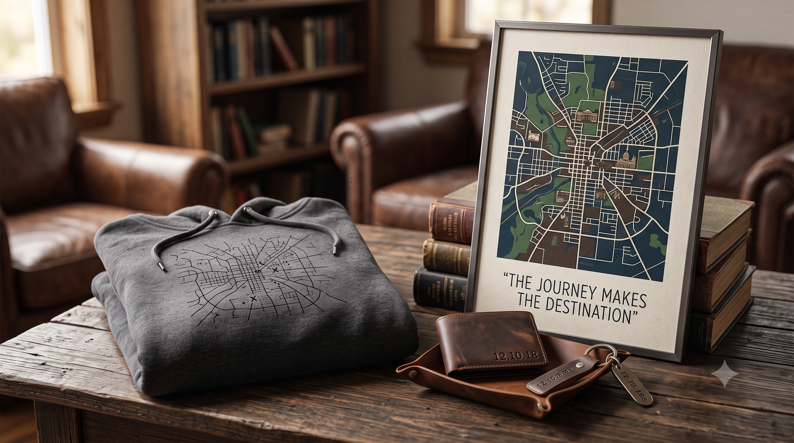 A folded gray hoodie with a custom city map design, a framed map print reading 'The journey makes the destination,' and an engraved leather wallet and keychain with a date, displayed on a wooden table."  A couple of notes:  These read like personalized-gift product mockups, so I leaned the filenames toward that keyword angle (monogram, custom map, night sky print) rather than generic "lifestyle photo" naming — let me know if there's a specific target keyword per image you're optimizing for instead. Image 3 has an engraved date ("12.10.18") that repeats across the wallet, strap, and keychain tag — I didn't call out the specific date in the alt text since it's not legible/relevant at that size, but flagging in case you want it included for a personalization-focused product page. Gemini_Generated_Image_owurvhowurvhowur.png sam for this   Analyzed personalized gift product imagery composition Analyzed personalized gift product imagery composition Filename: personalized-monogrammed-gift-collection-display.jpg  Alt text: "A collection of personalized gift items displayed on a wooden table and shelves, including a monogrammed leather bag, engraved wooden box, whiskey decanters and glasses, monogrammed mugs, a custom leather journal, name-embossed accessories, a 'Mom's Kitchen' cutting board, a monogrammed blanket, and personalized photo frames and albums."  A note: since this is a dense flat-lay with a lot of distinct products, you could also break this into a more concise version if the full list feels too long for accessibility purposes — something like: "A styled collection of personalized and monogrammed gifts — bags, drinkware, journals, and home decor — displayed on a wooden table and bookshelf."  Let me know which context this is for (e.g., a "best personalized gifts" roundup article) and I can tune the keyword focus accordingly.