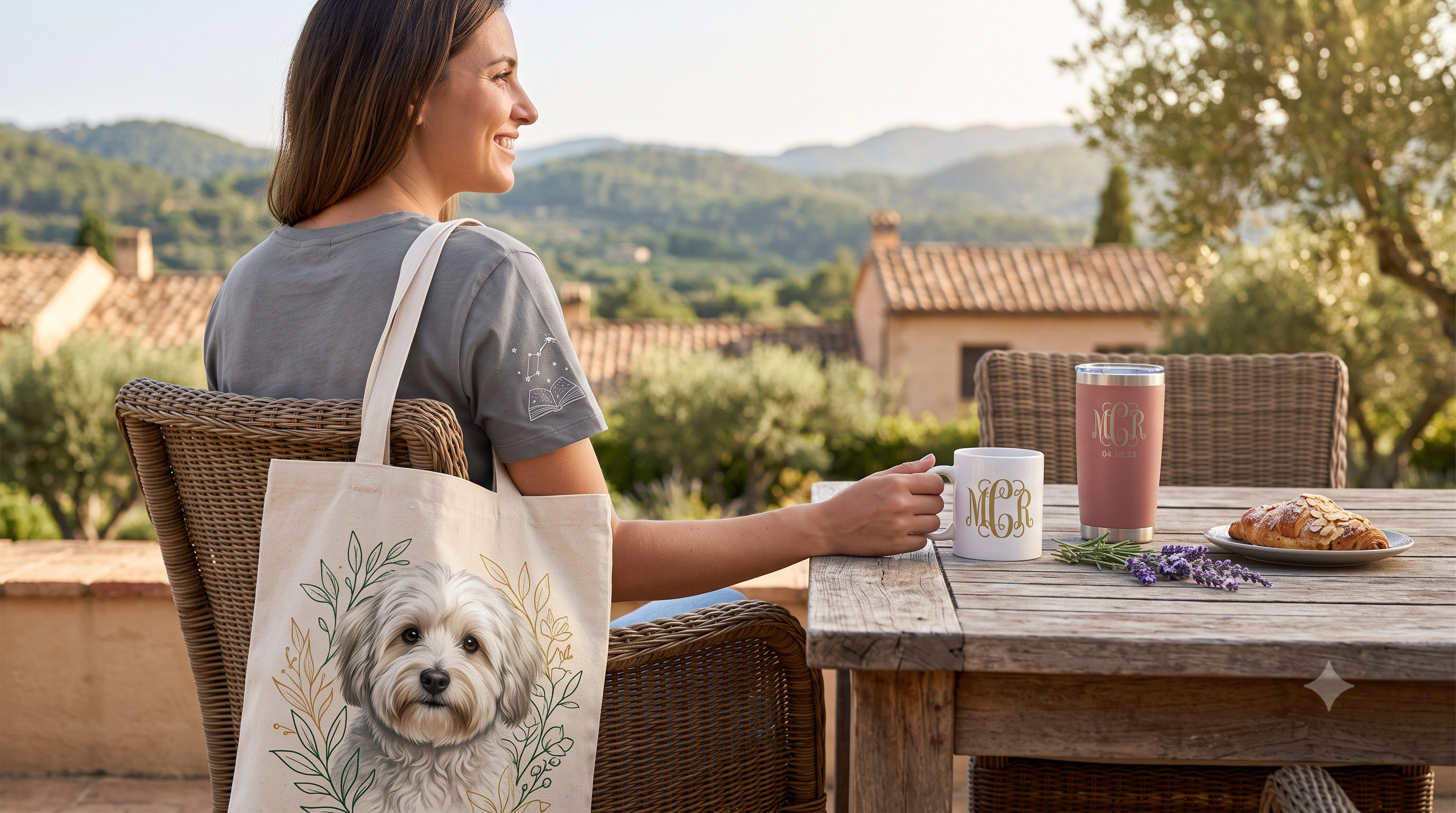 A woman on an outdoor terrace holding a personalized monogrammed mug, with a matching tumbler and a custom tote bag featuring a pet portrait illustration on the chair beside her
