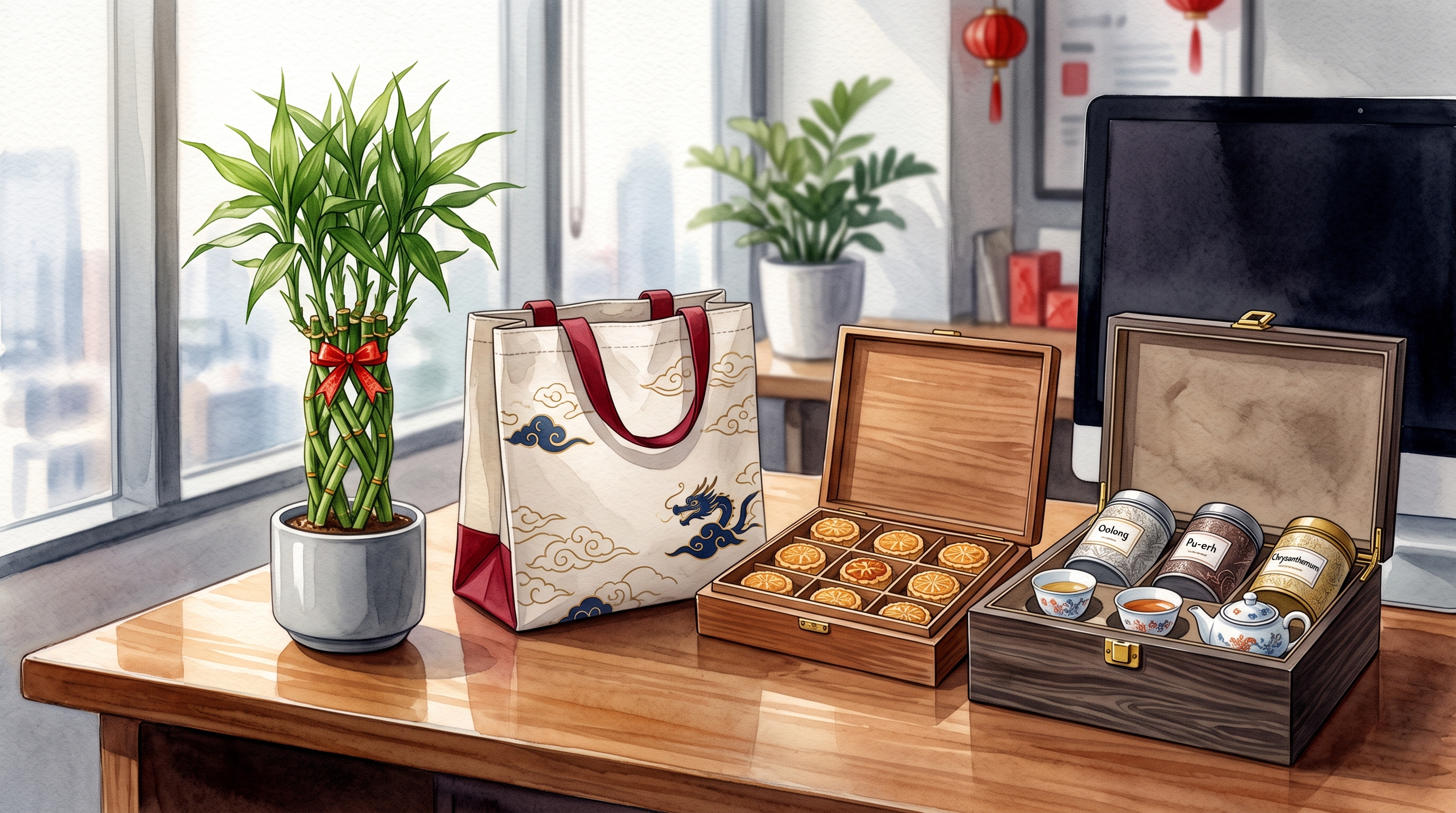 An illustration of Lunar New Year gifts on an office desk, including a braided lucky bamboo plant, a tote bag with a dragon design, an open box of mooncakes, and a wooden tea chest with tins labeled Oolong, Pu-erh, and Chrysanthemum