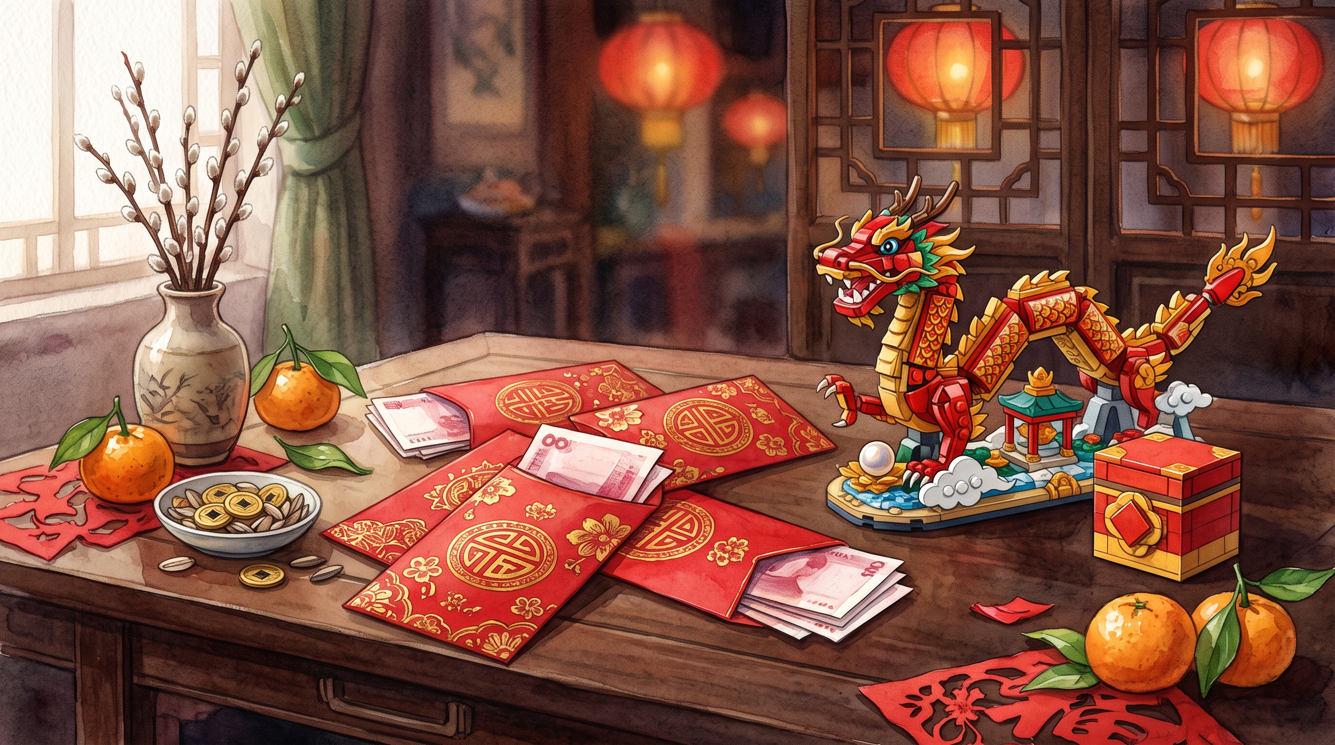 An illustration of Lunar New Year decor on a table, featuring red envelopes with cash, a gold coin bowl, mandarin oranges, a decorative dragon figurine, and pussy willow branches in a vase.