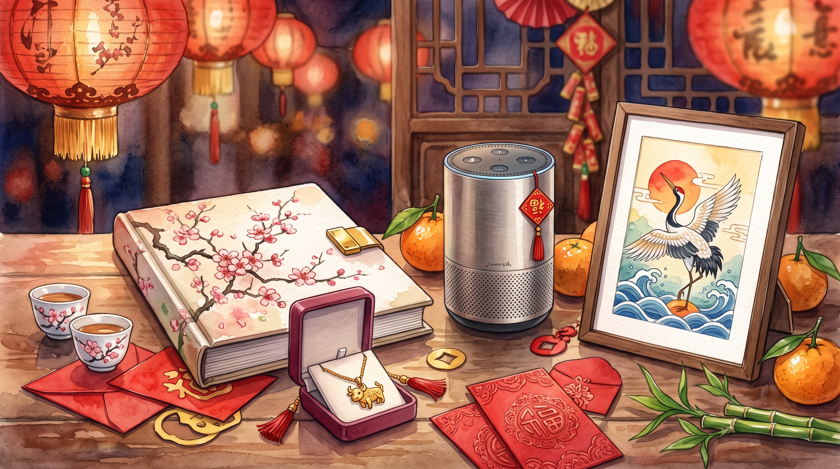 An illustration of Lunar New Year gifts including a cherry blossom-patterned book, a smart speaker with a red good-luck charm, a framed crane painting, a gold ox pendant necklace, and red envelopes on a table with tangerines
