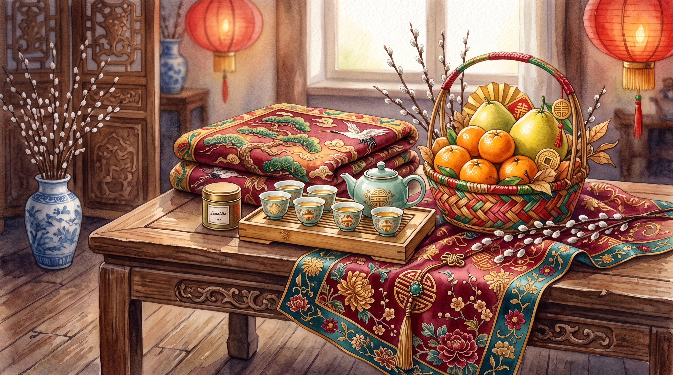 An illustration of a Lunar New Year table setting with folded embroidered silk textiles featuring cranes and pine trees, a teal teapot with cups on a tray, and a woven basket of oranges and pomelos, with pussy willow branches and red lanterns