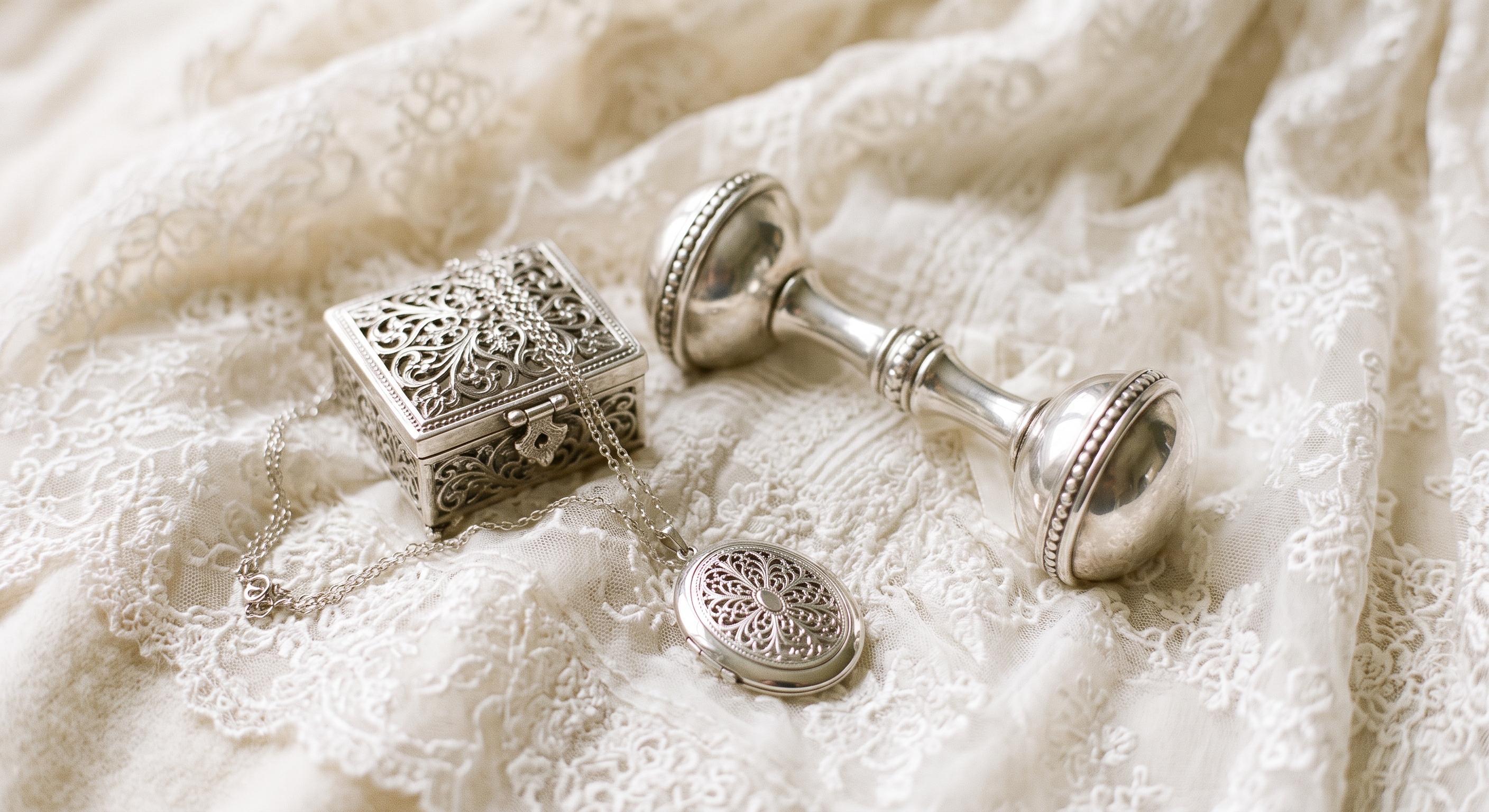 Silver filigree keepsake box, engravable oval locket on a fine chain and a traditional silver baby rattle on ivory lace