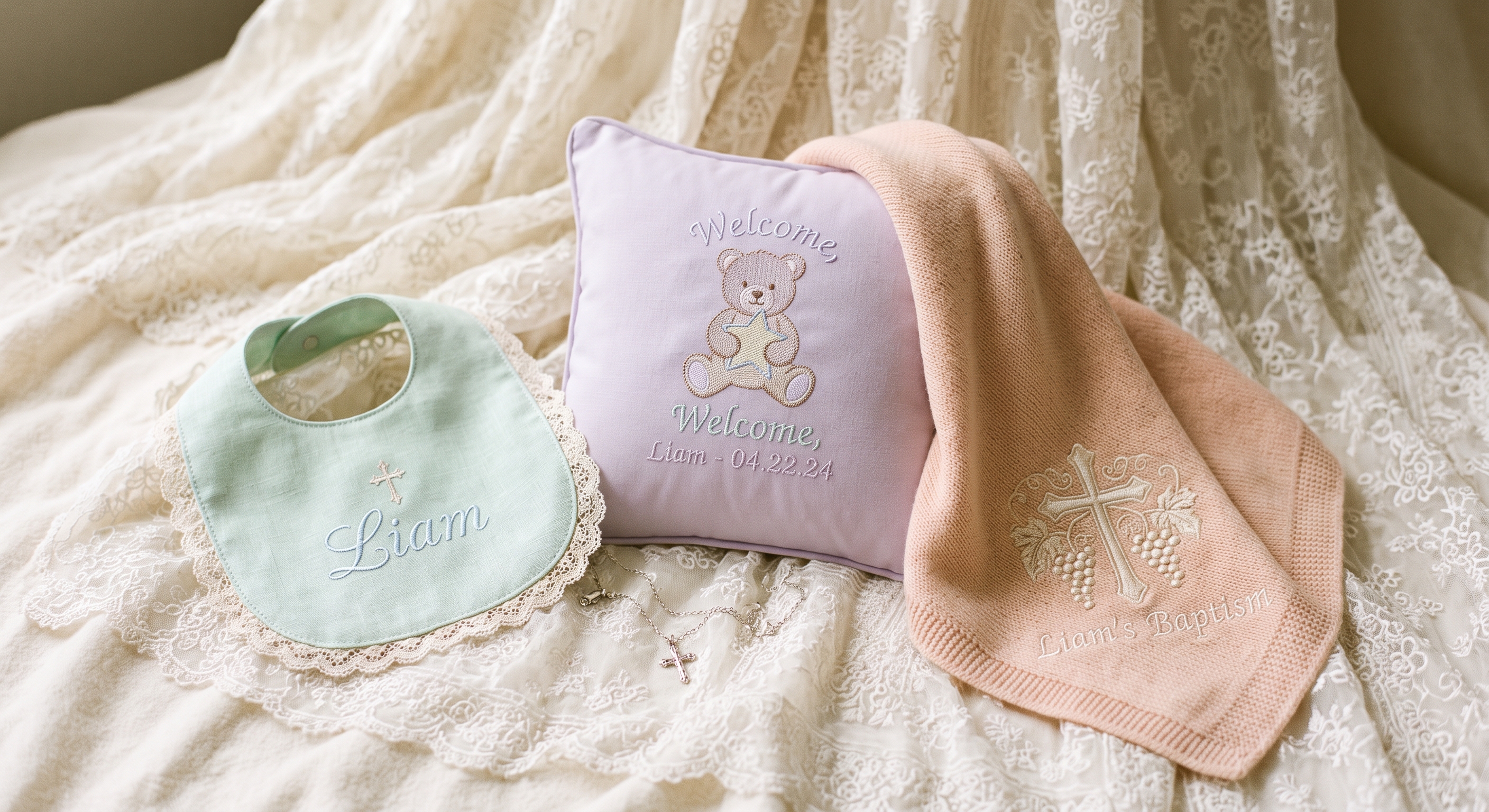 Embroidered baby bib, teddy bear cushion and knitted baptism blanket with a cross, laid on lace beside a silver cross necklace