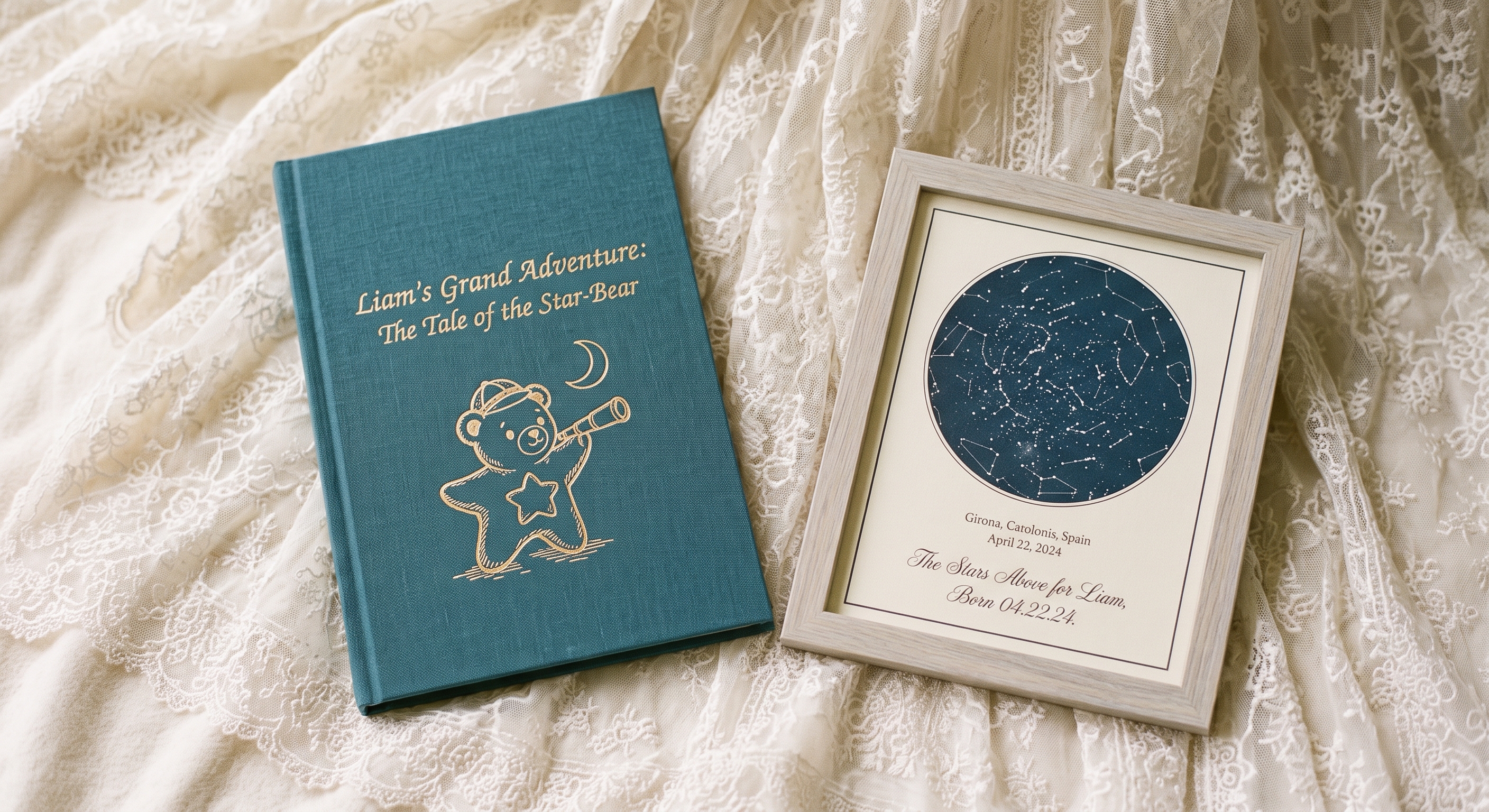 Teal linen personalized storybook with a star-bear cover beside a framed birth star map print in a pale wood frame