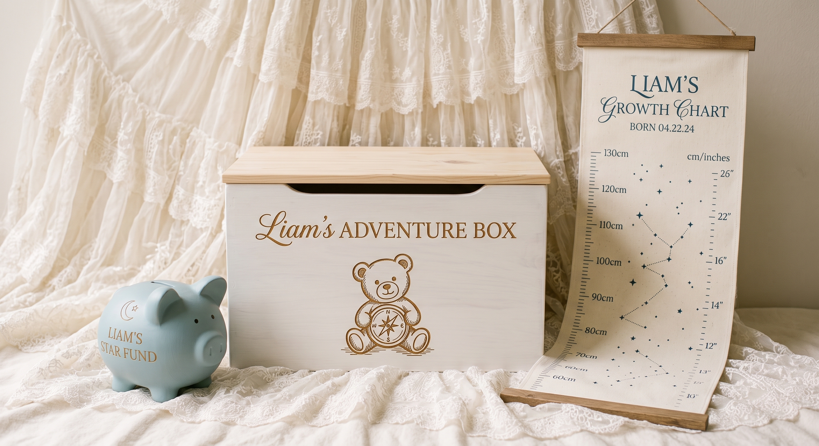 Personalized wooden toy box engraved with a teddy bear, a blue ceramic piggy bank and a hanging canvas height chart