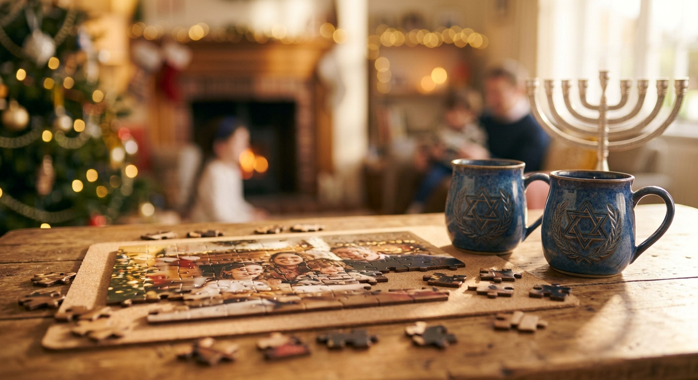 A partially completed jigsaw puzzle made from a family photo, next to two blue mugs with Star of David designs, on a wooden table with a silver menorah and Christmas tree in the background.