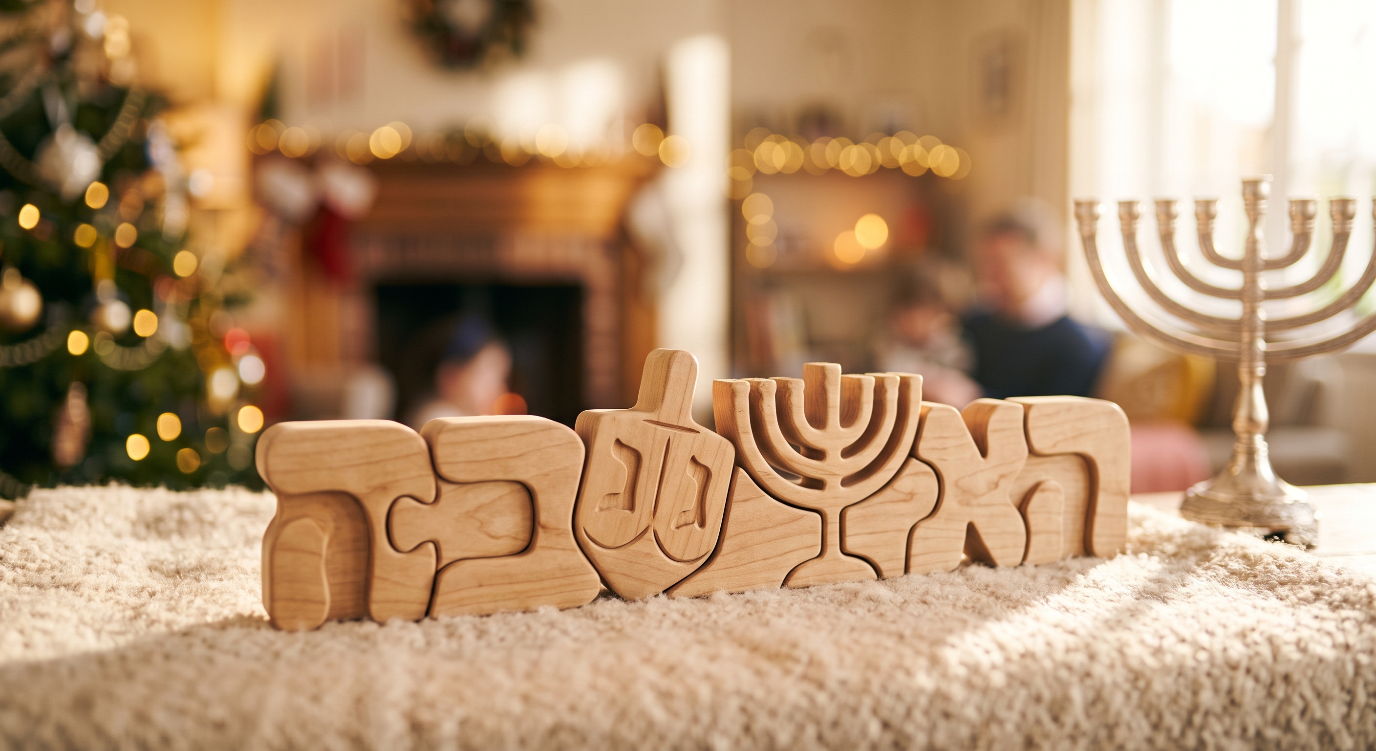 A wooden puzzle piece decoration spelling out Hanukkah-themed words in Hebrew with carved dreidel and menorah illustrations, displayed on a textured surface with a silver menorah and Christmas tree in the background