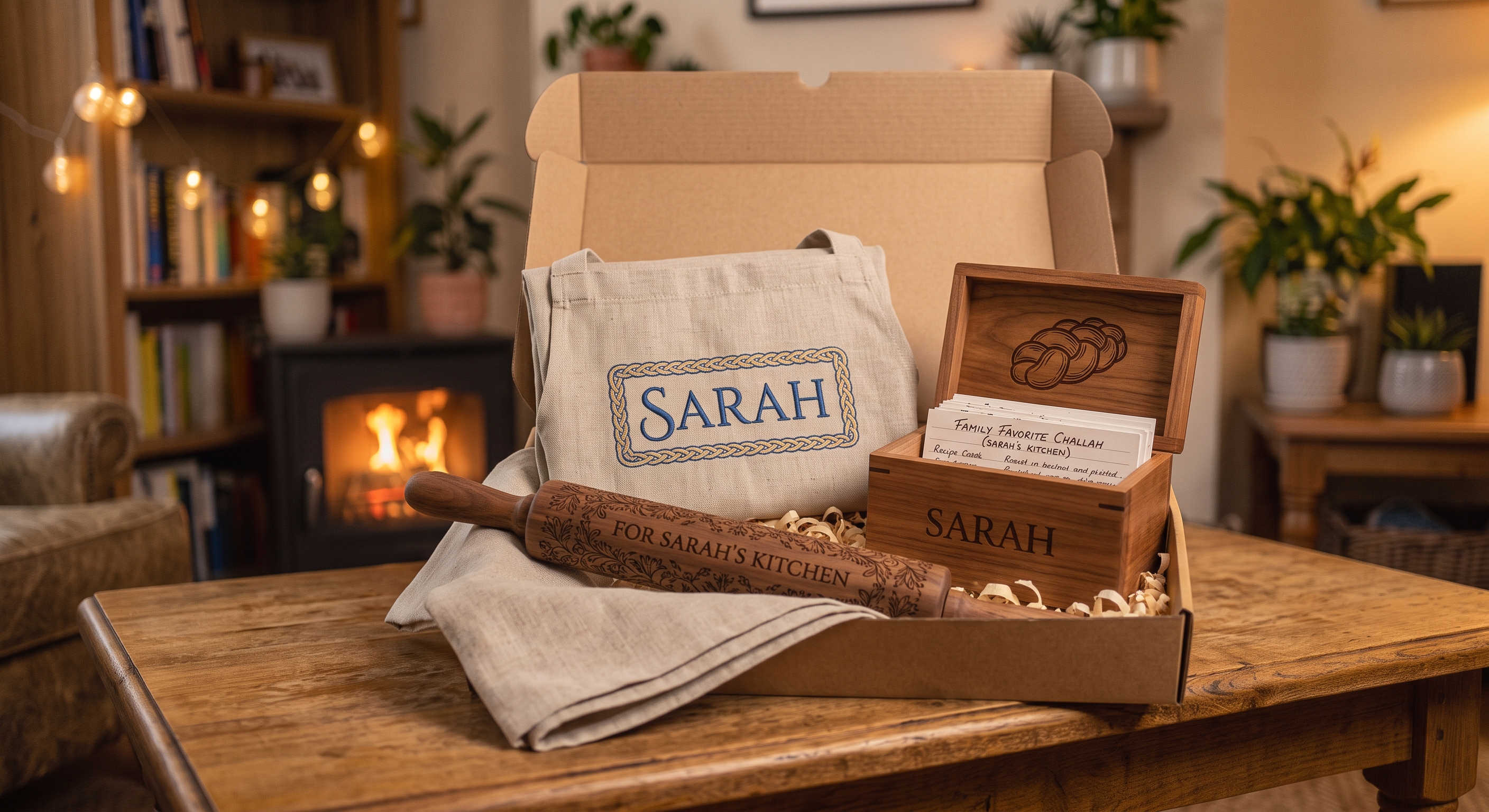 A personalized gift box for Sarah containing a monogrammed apron, an engraved rolling pin reading 'For Sarah's Kitchen,' and a wooden recipe box with a challah bread carving holding a 'Family Favorite Challah' recipe card, on a wooden table by a fireplace