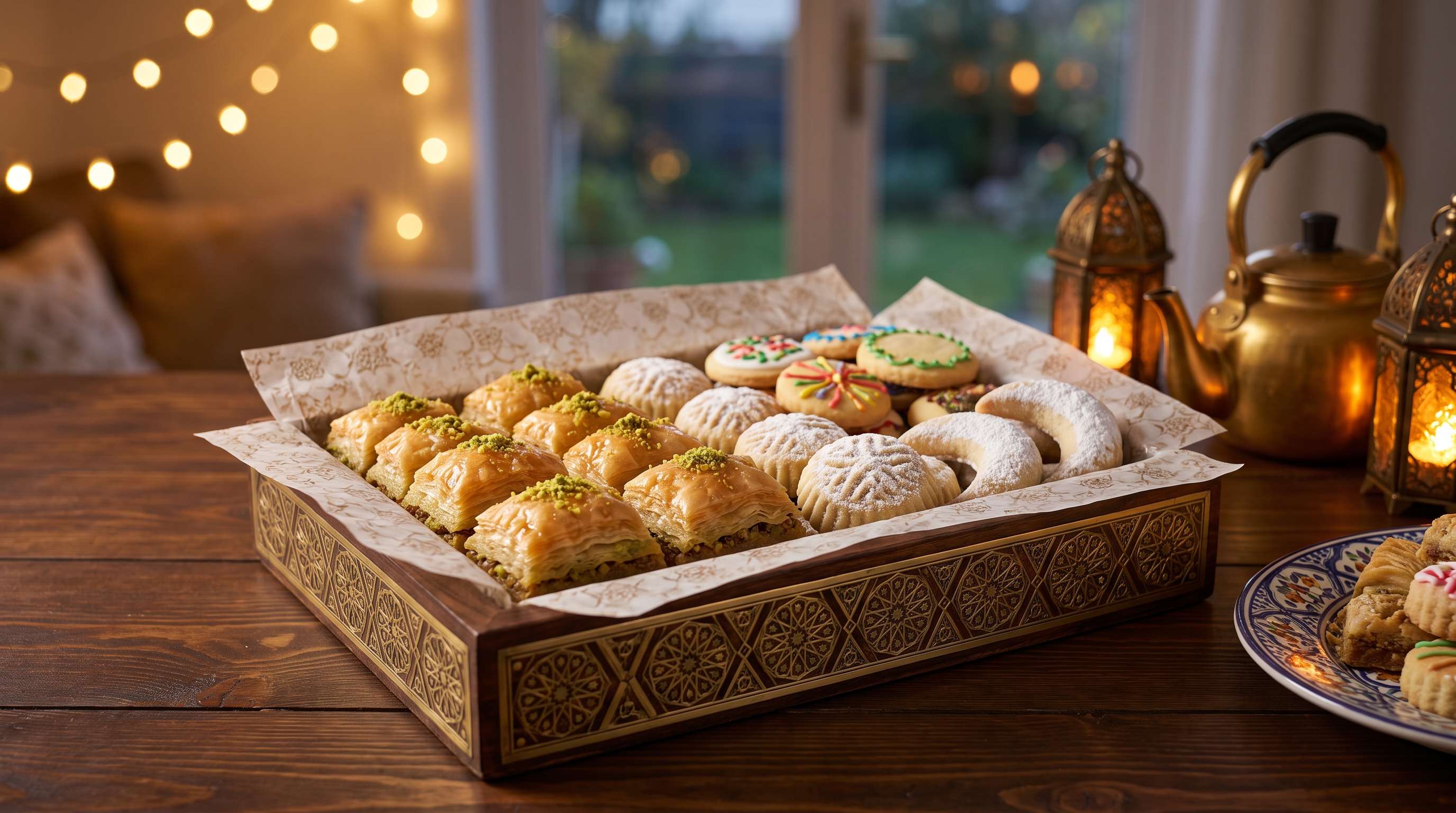Assorted baklava and powdered sugar cookies in a decorative gift tray