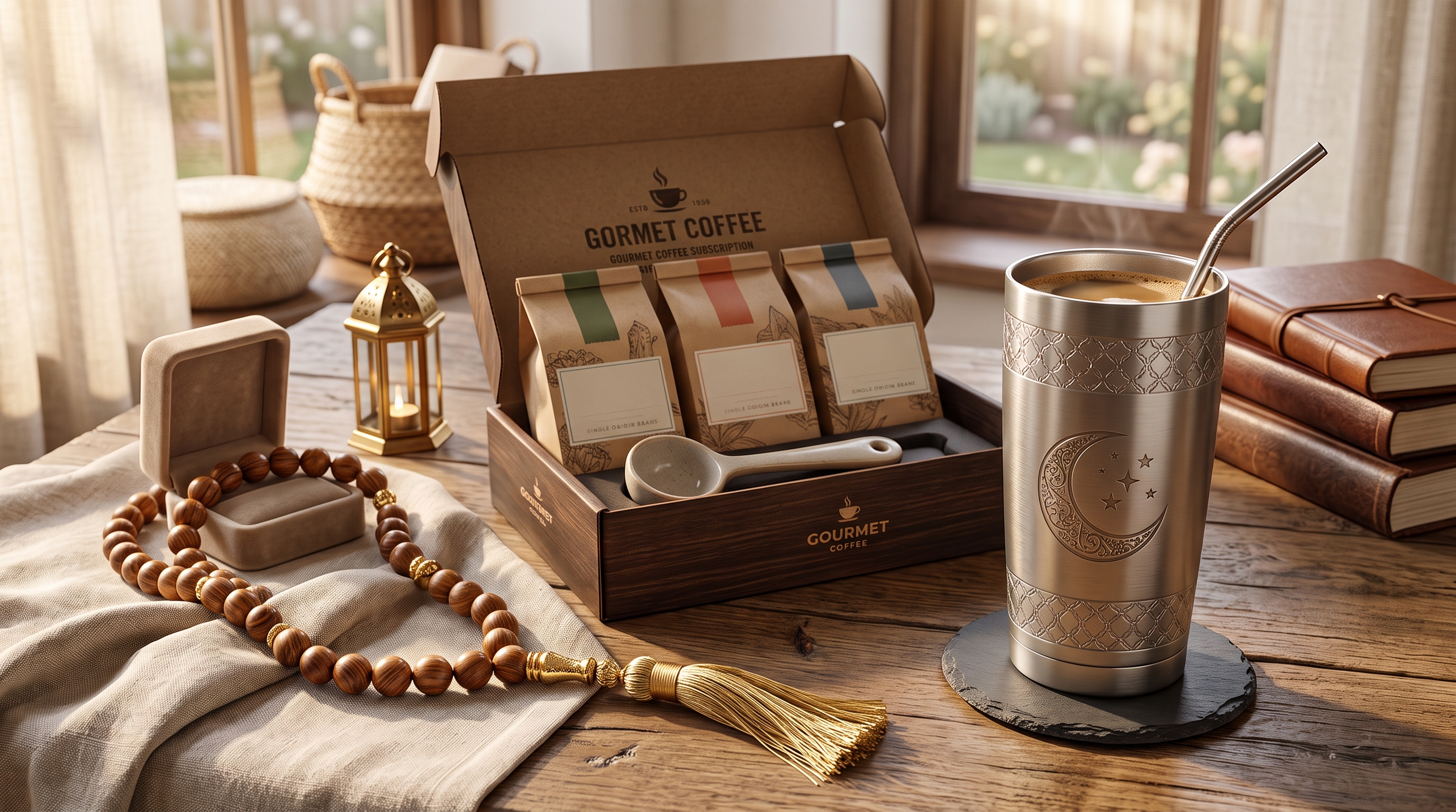 A gourmet coffee subscription gift box with three bags of single-origin beans and a scoop, next to wooden prayer beads with a gold tassel and a crescent-moon-engraved tumbler, styled for Eid gifting