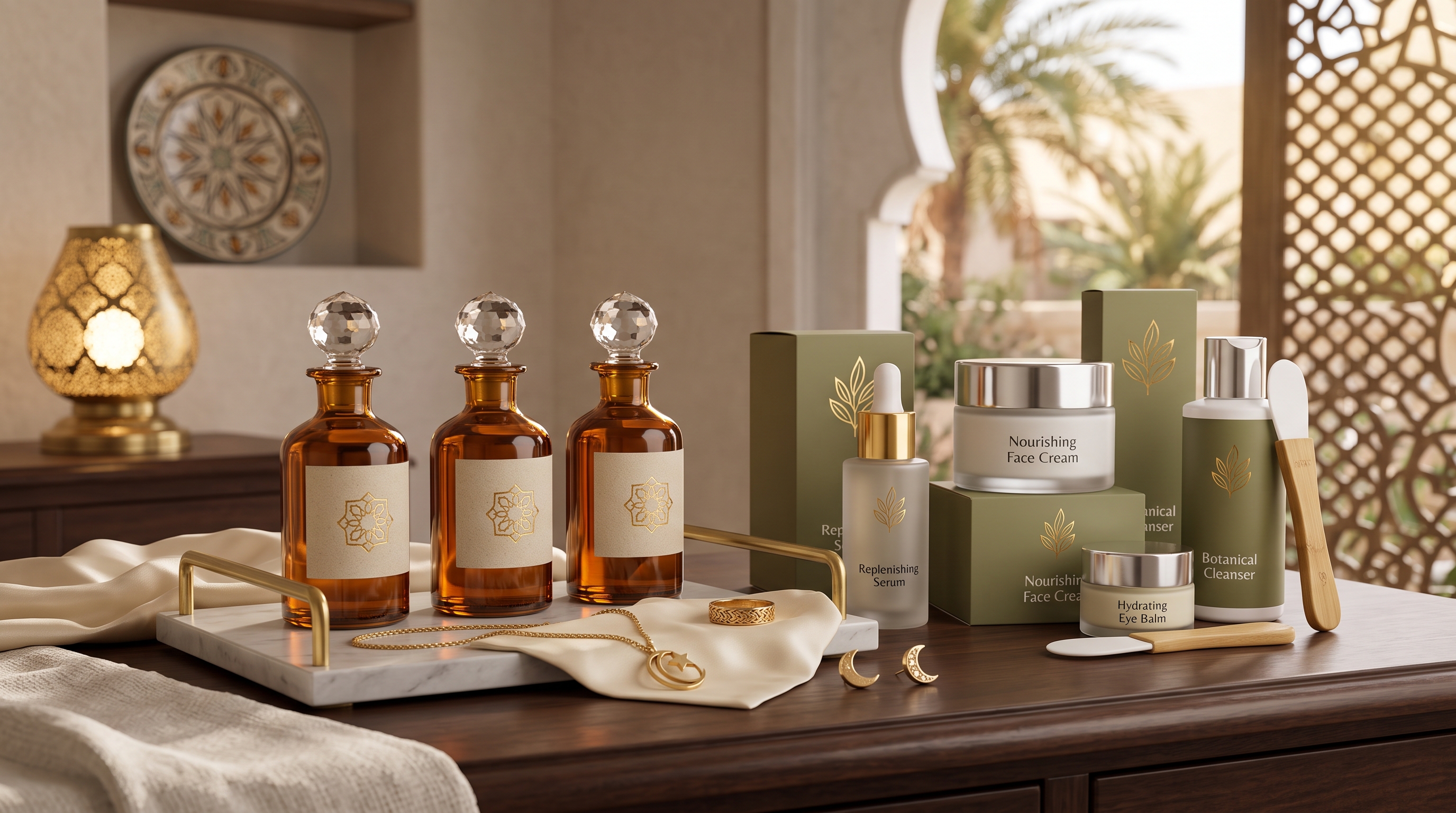A luxury skincare gift set with amber glass bottles featuring gold Islamic-pattern labels, alongside boxed face cream, serum, and cleanser, plus a crescent moon necklace and earrings, in a Moroccan-styled setting