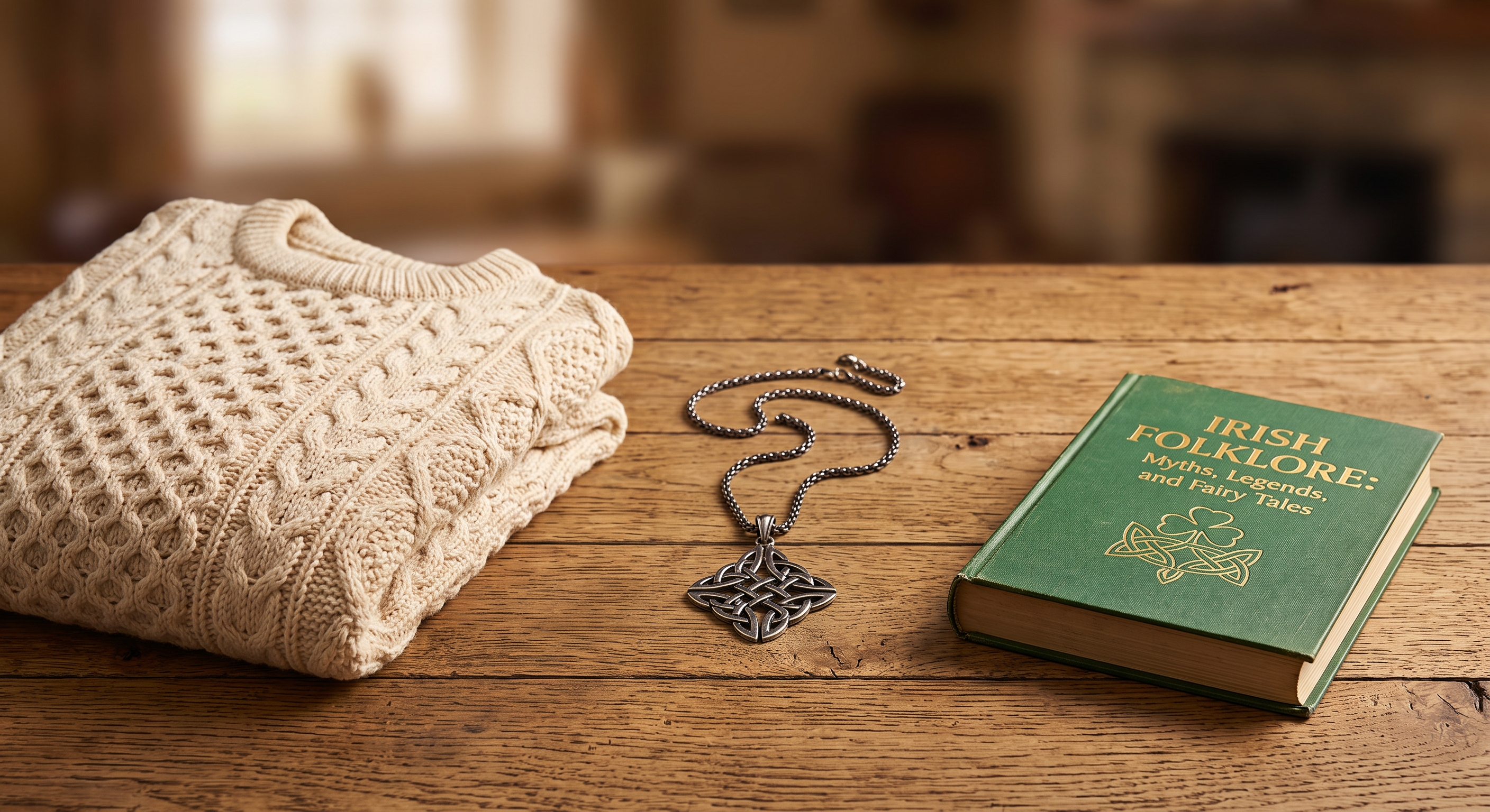 Cream Aran cable-knit sweater with a silver Celtic knot pendant necklace and a green hardback book of Irish folklore on a wooden table