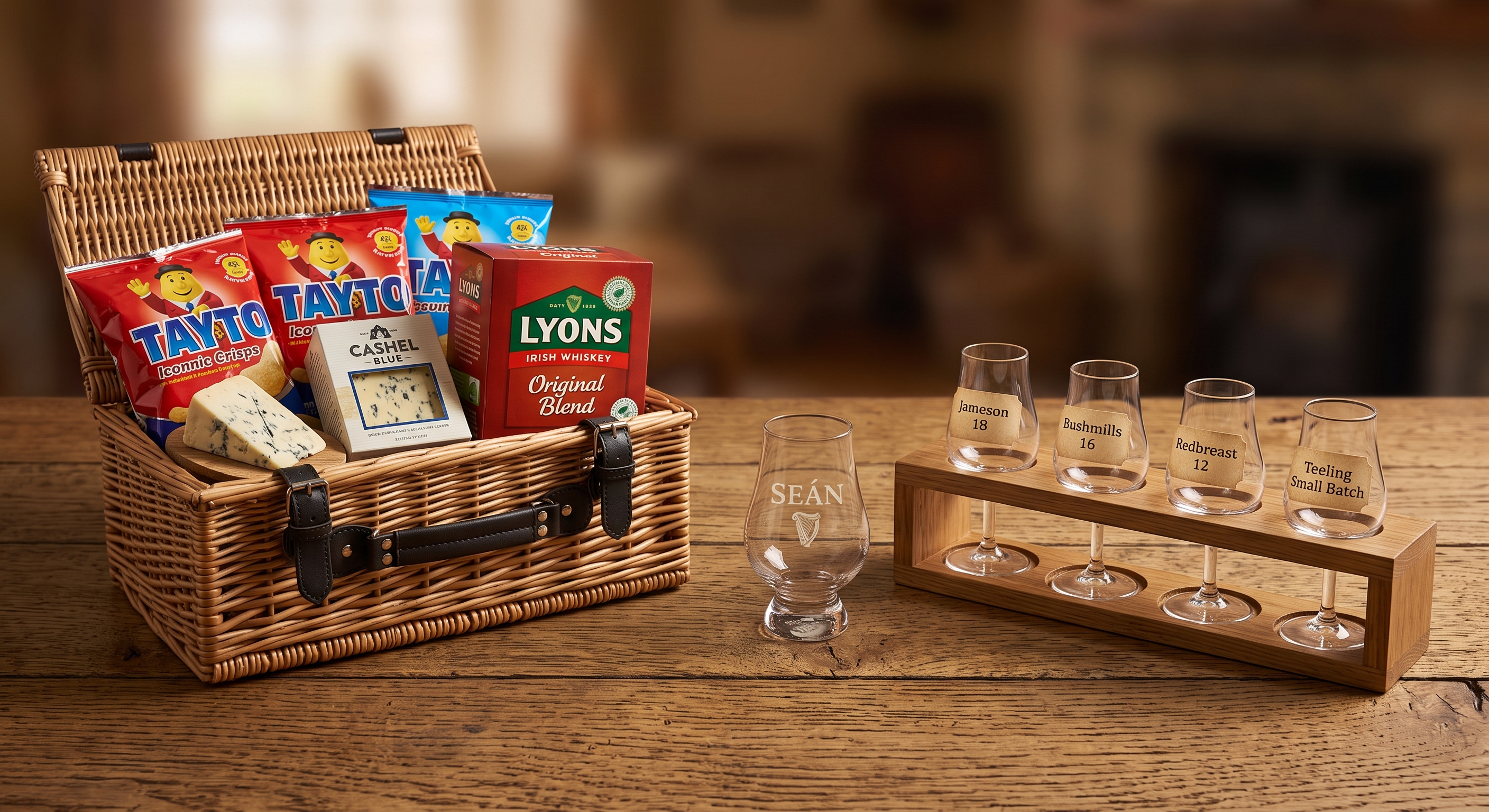 Wicker hamper of Irish crisps, blue cheese and tea beside a personalized whiskey glass and a wooden four-glass tasting flight