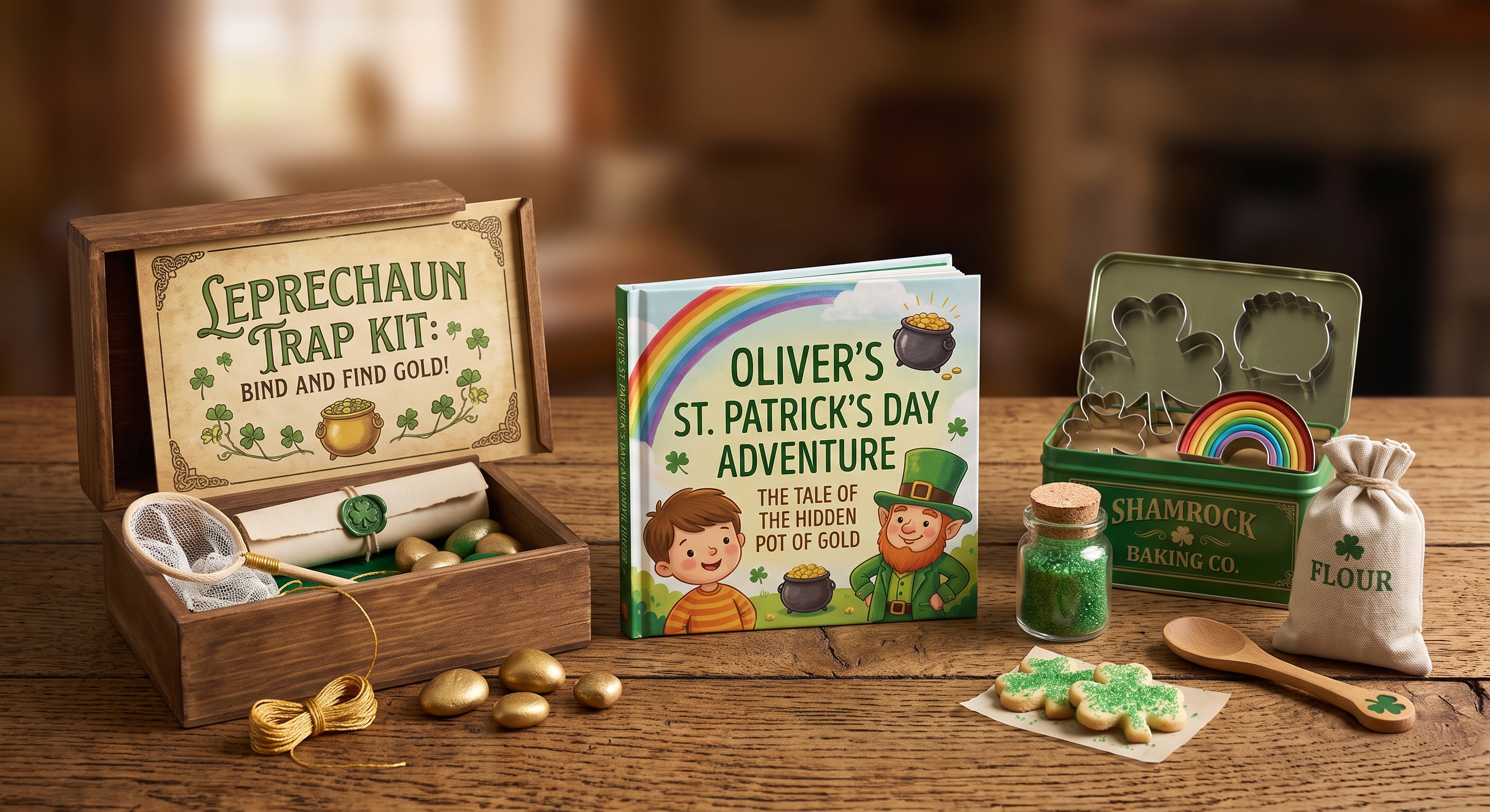 Wooden leprechaun trap kit with net and gold nuggets beside a personalized children's storybook, shamrock cookie cutters and decorated cookies