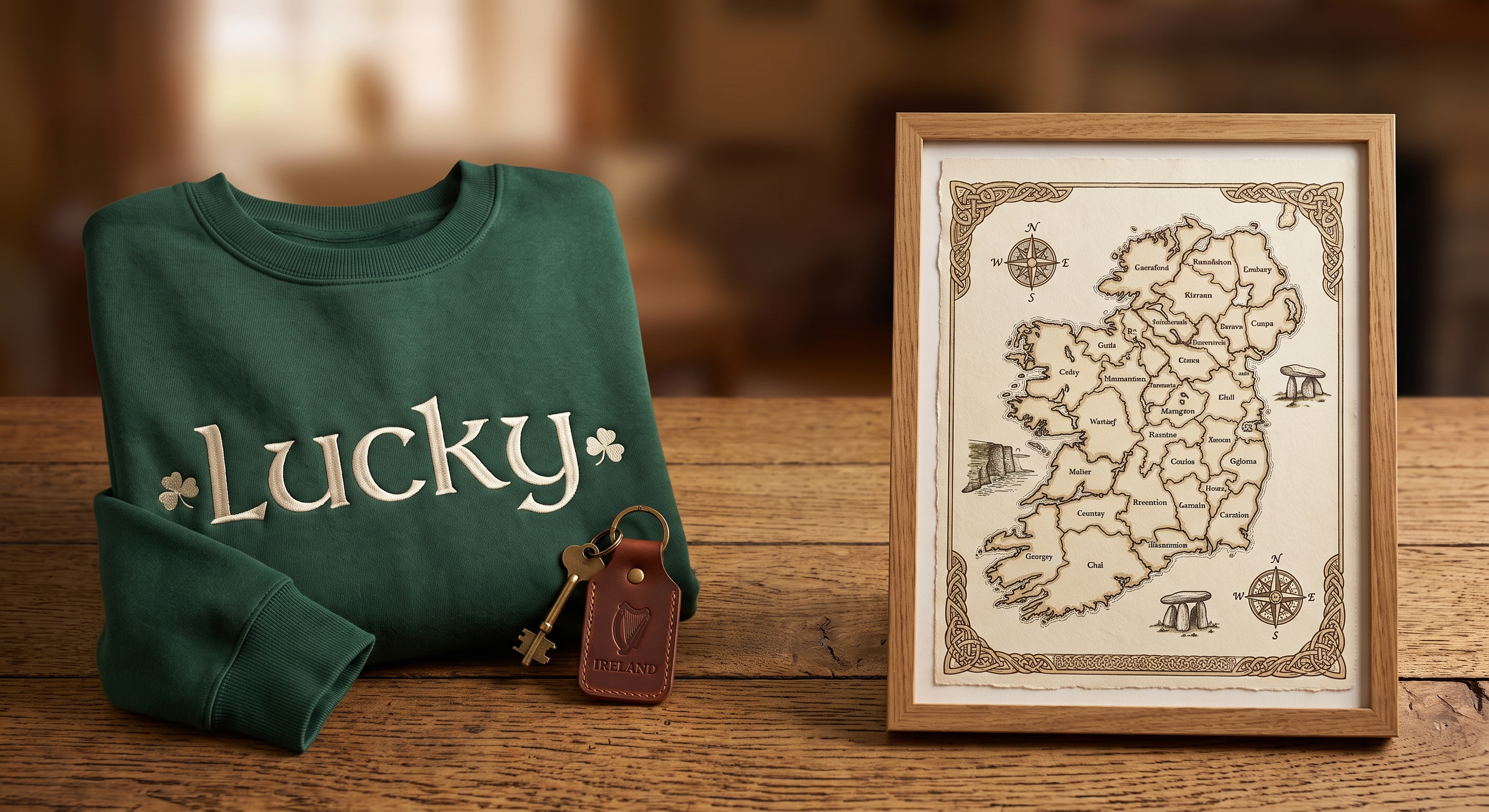 Green sweatshirt embroidered with the word Lucky and shamrocks, next to an Ireland leather keyring and a framed vintage-style map of Ireland